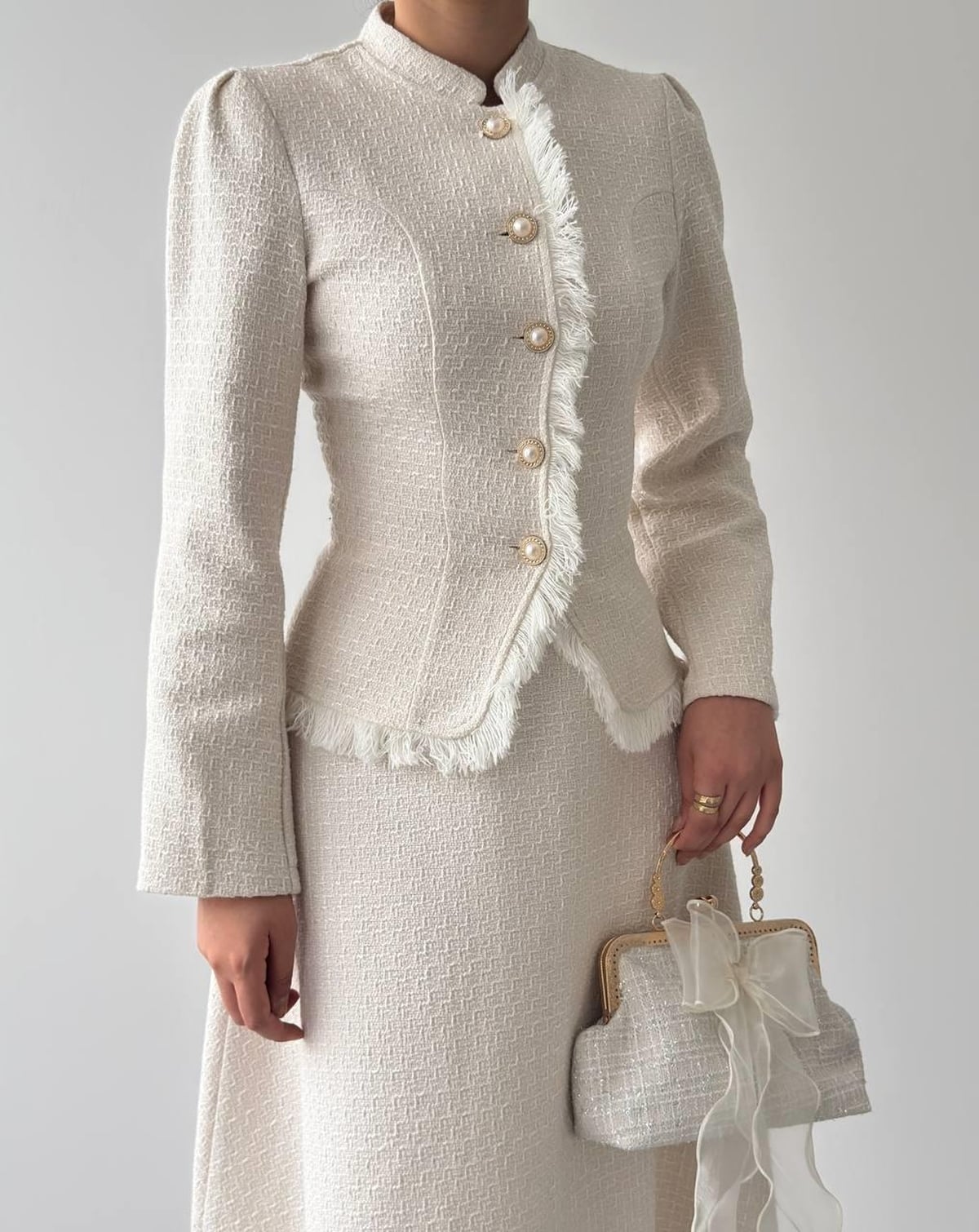 Cream Fringed Jacket and Skirt Set with Pearl Buttons - Etika - by Peralane - photo 7