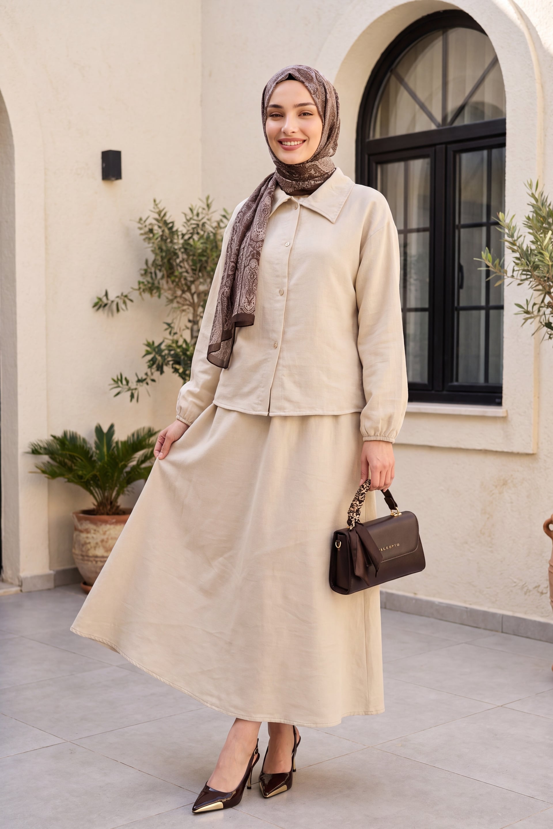 Muslin Two-Piece Set with Long-Sleeve Blouse and A-Line Maxi Skirt - Stone - Podyumplus - by Peralane