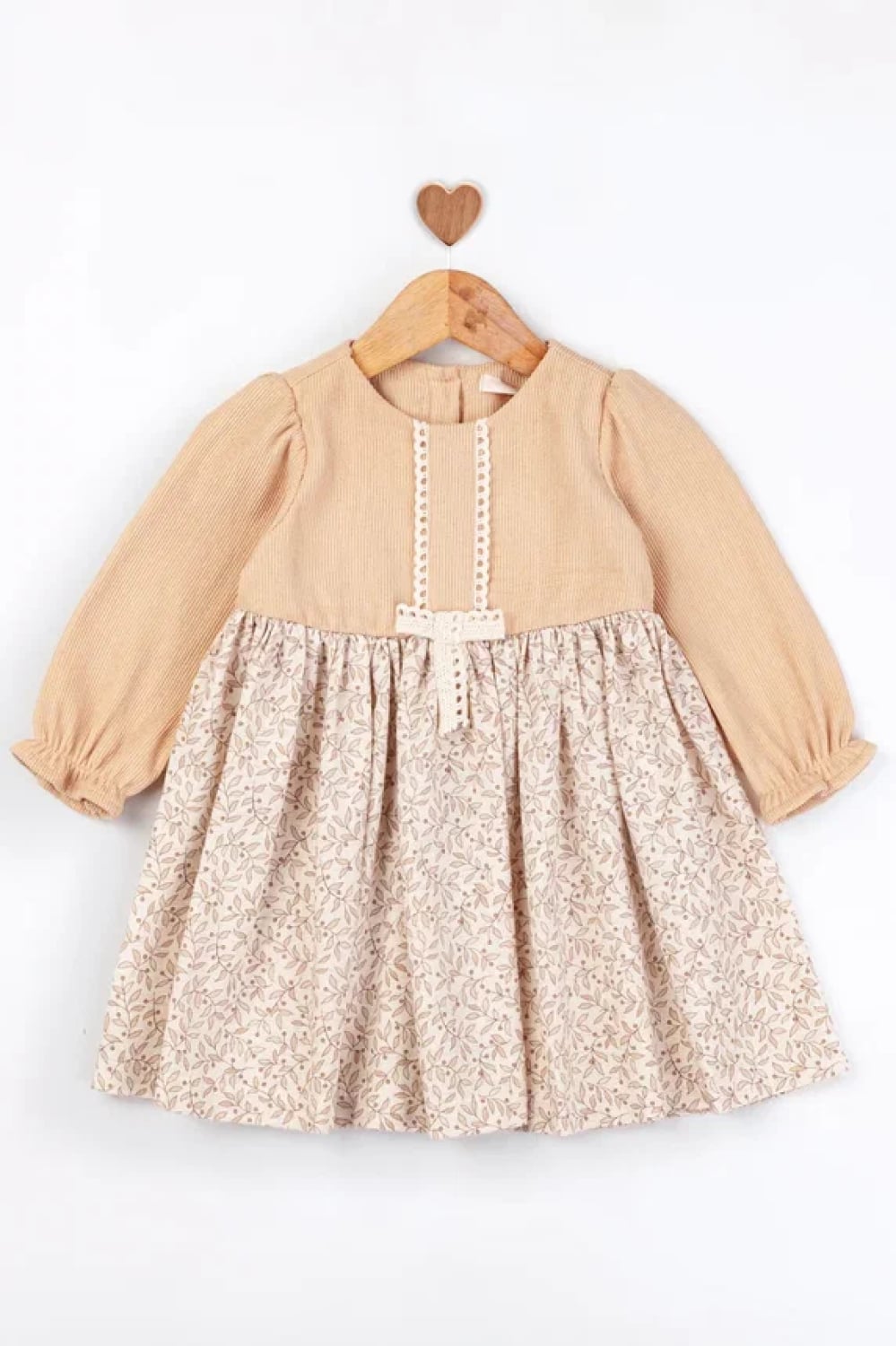 Baby Girls' Corduroy and Botanical Print Dress with Puff Sleeves - Babyrose - by Peralane