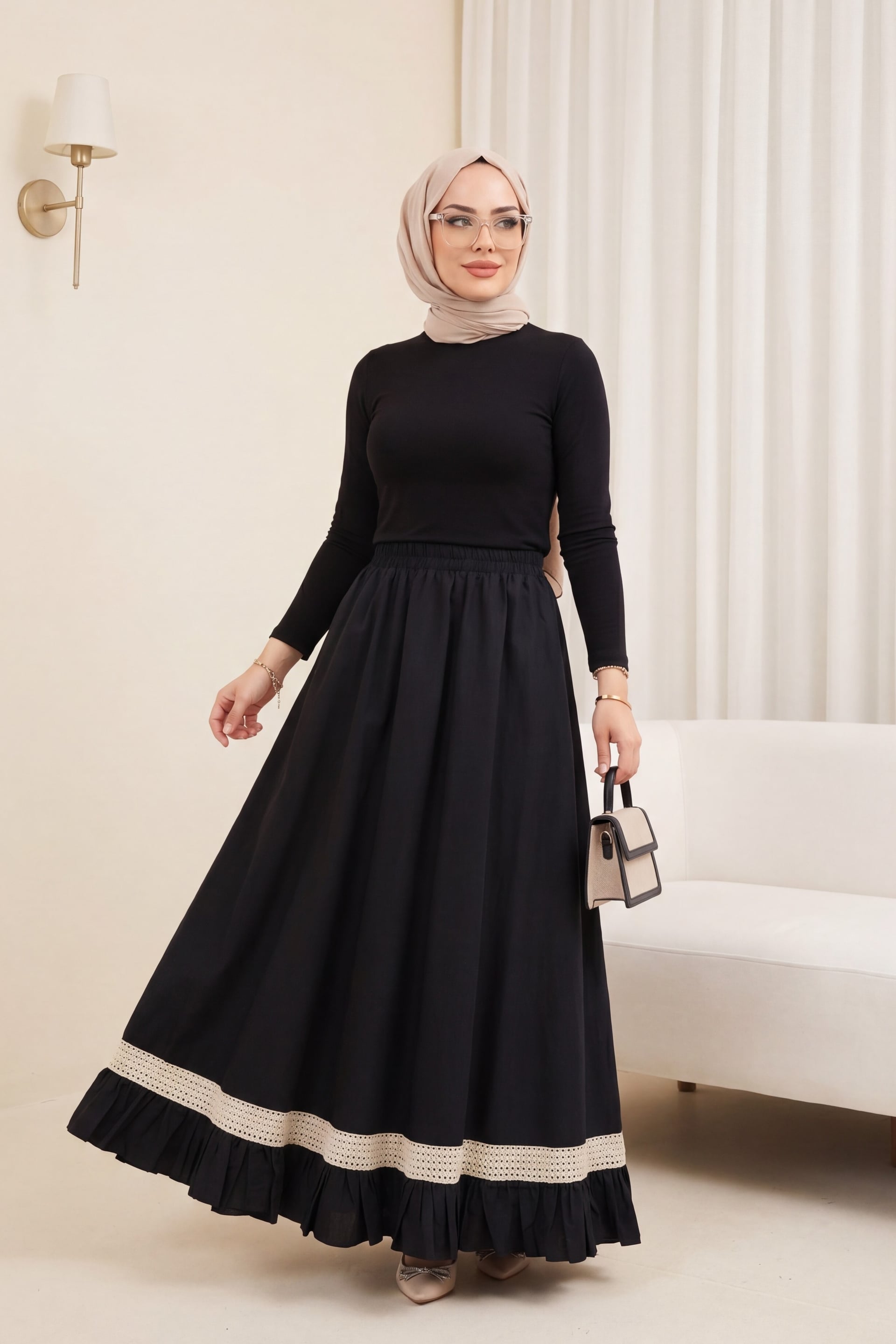 Elastic Waist Lace Trim Ruffle Voile Skirt - Black - Podyumplus - by Peralane - photo 4