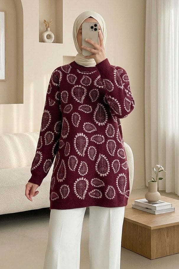 Pink Paisley High Neck Slouchy Knit Sweater - Podyumplus - by Peralane - photo 6