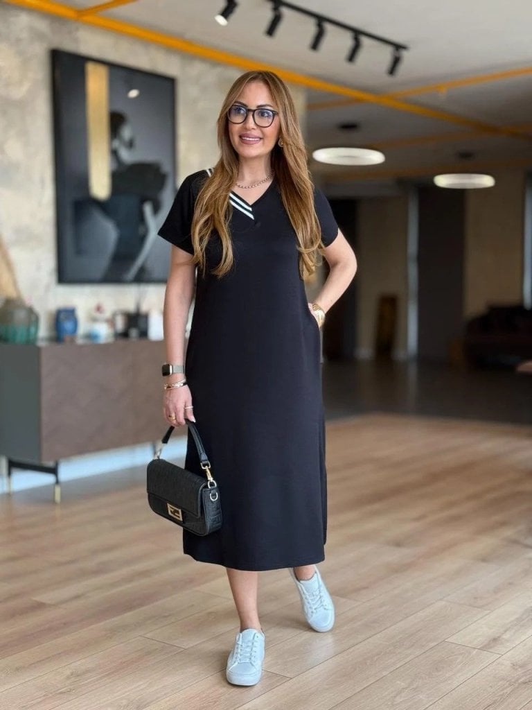 Women's Short-Sleeved V-Neck Midi Dress with Side Pockets - Janes - by Peralane - photo 4