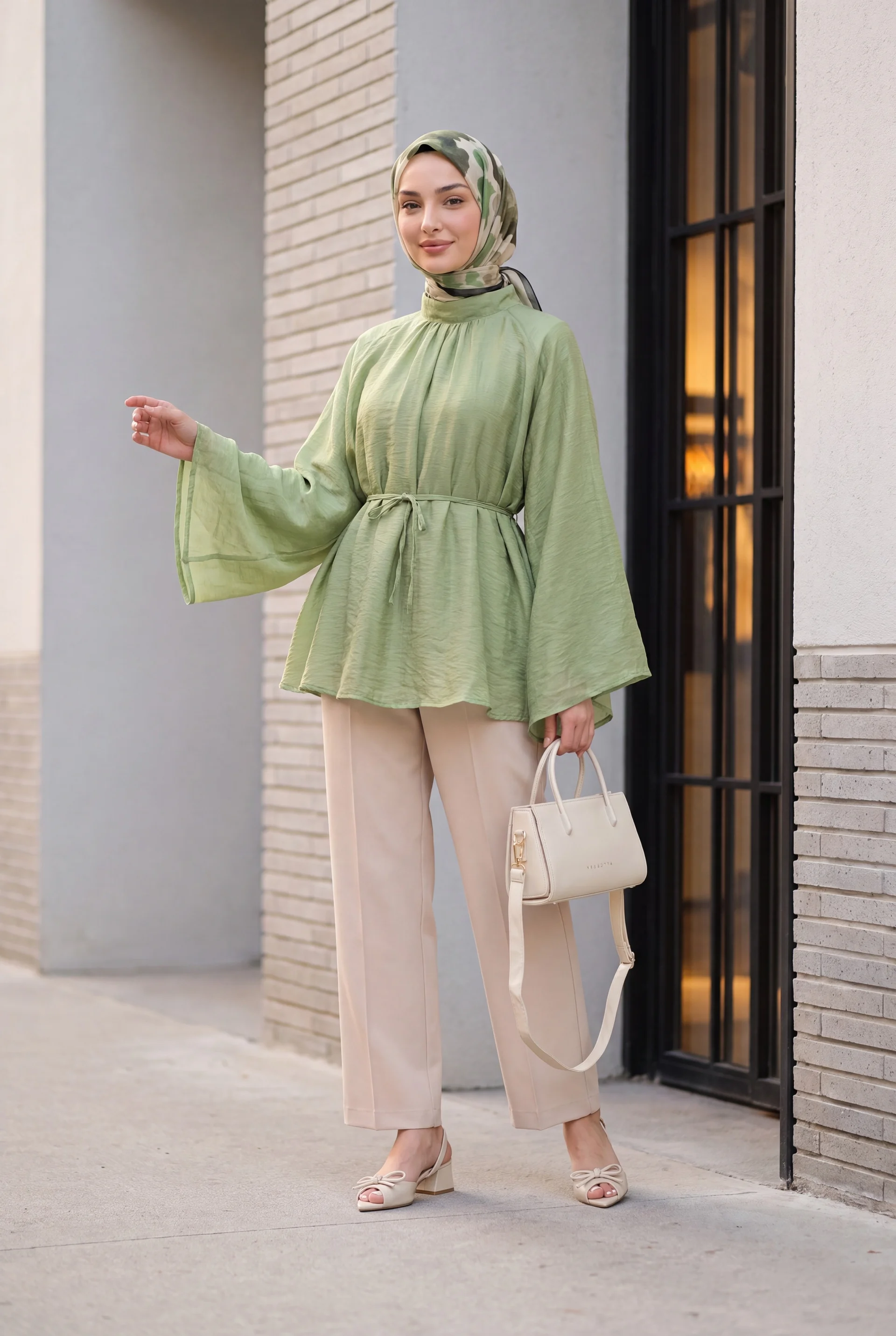 Hakim Collar Belted Lined Spanish Sleeve Oversize Lyocell Tunic - Pale Green - Podyumplus - by Peralane - photo 4