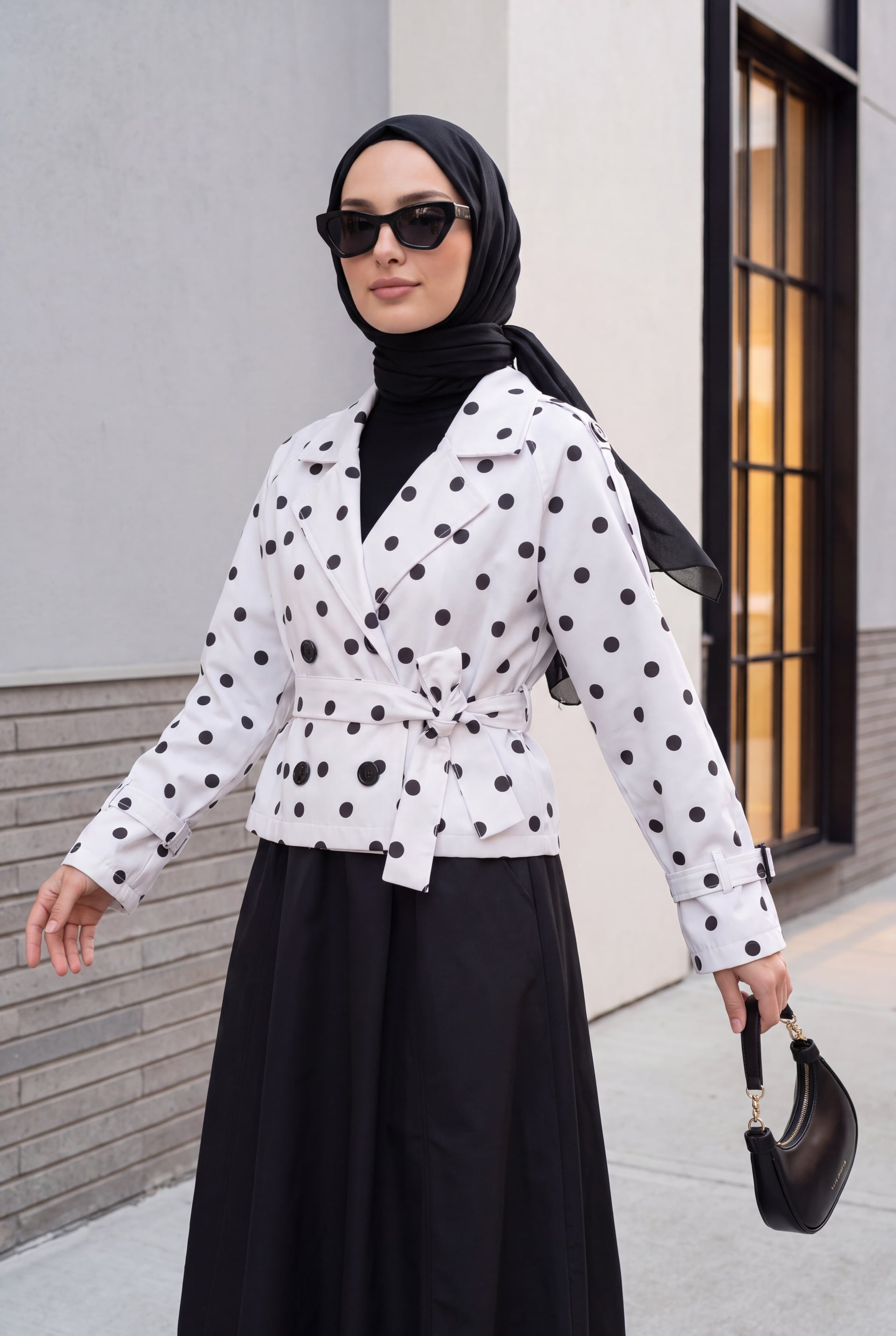 Women's Belted Short Trench Coat with Polka Dot Print - White - Bigdart - by Peralane - photo 2