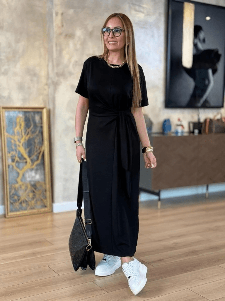 Women's Black Short-Sleeve Viscose Two-Thread Knot Waist Midi Dress - Janes - by Peralane - photo 2