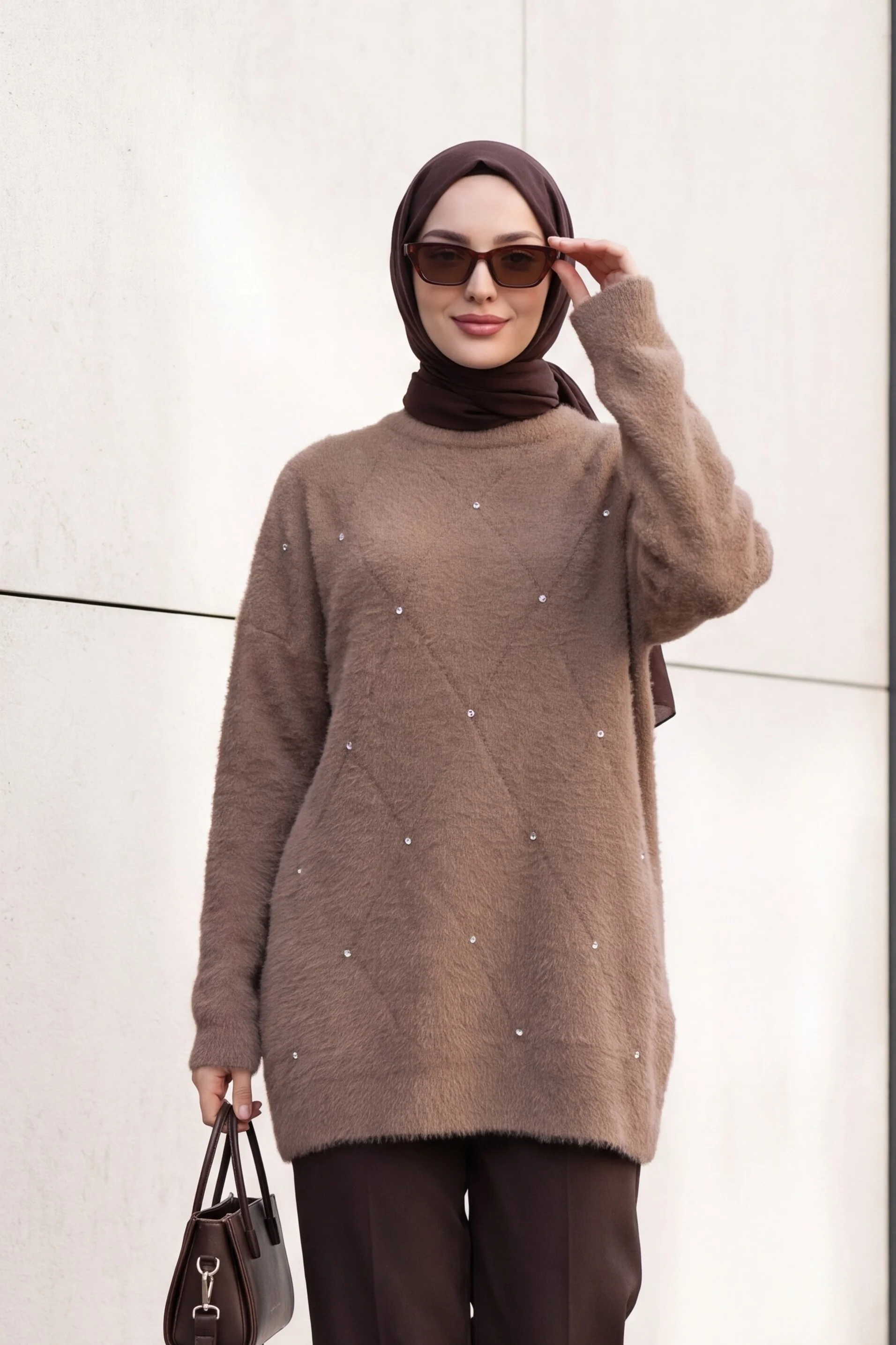 Stone Detail Oversize Knit Tunic in Earth - Podyumplus - by Peralane - photo 2