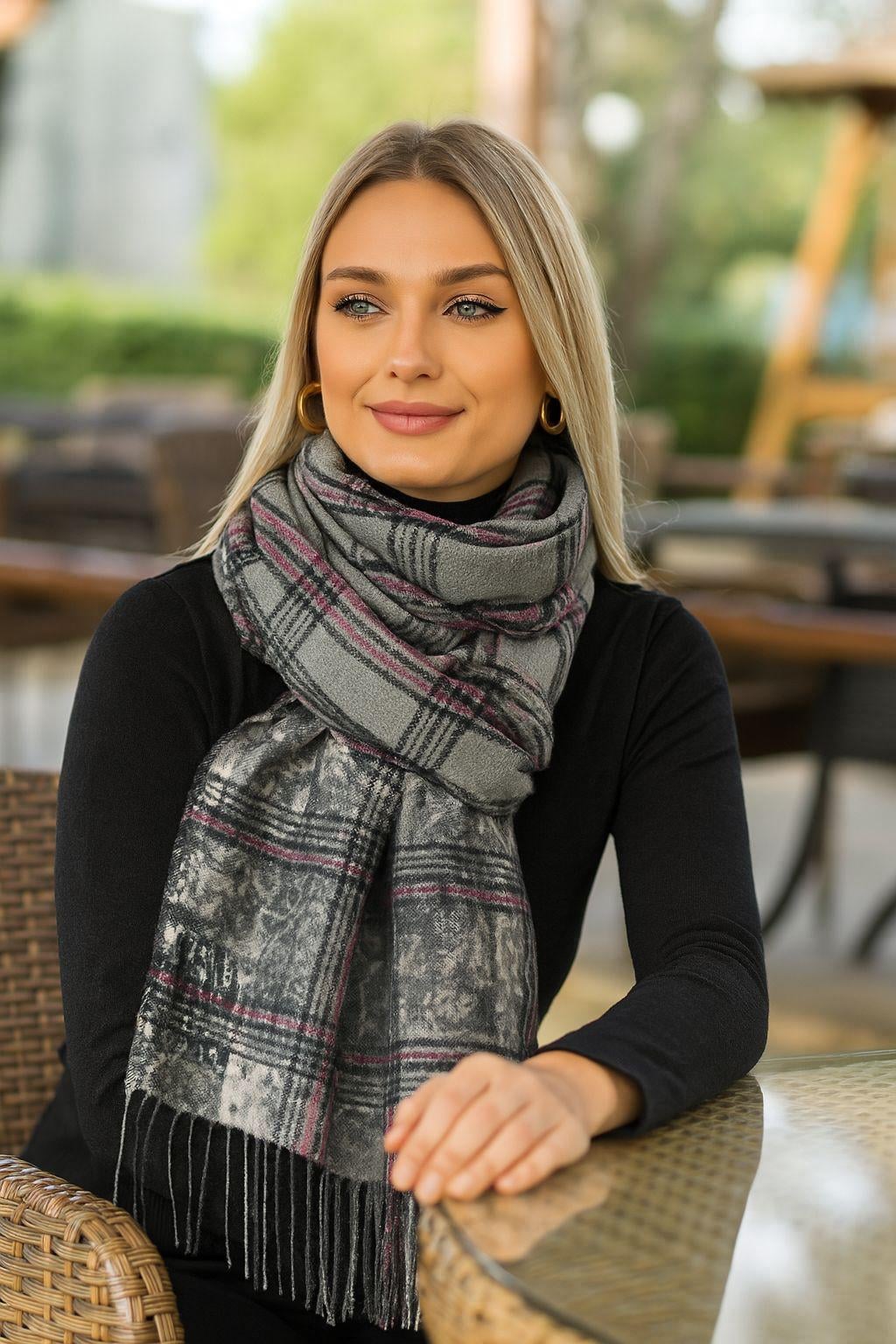 Grey Plaid Scarf with Contrast Floral Band and Fringes - Nesvay - by Peralane - photo 2