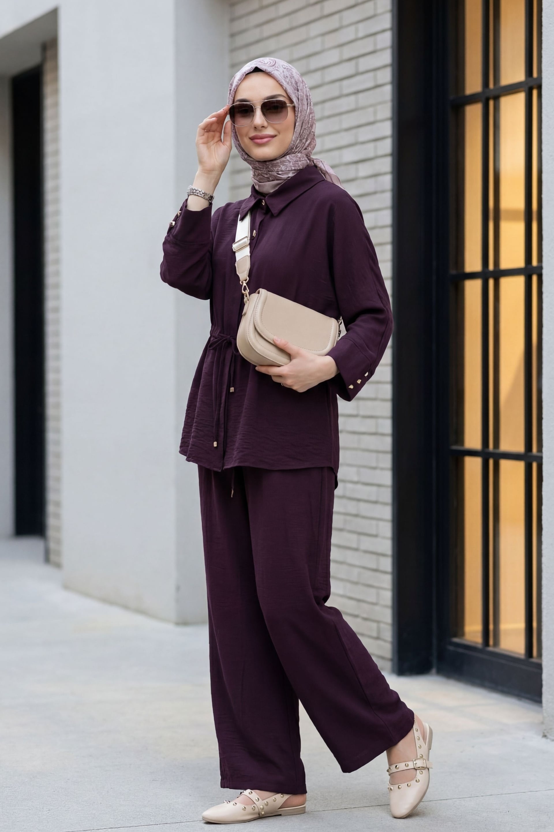 Tunnel Drawstring Waist Wide-Leg Trousers and Long-Sleeve Top Set - Plum - Podyumplus - by Peralane - photo 2