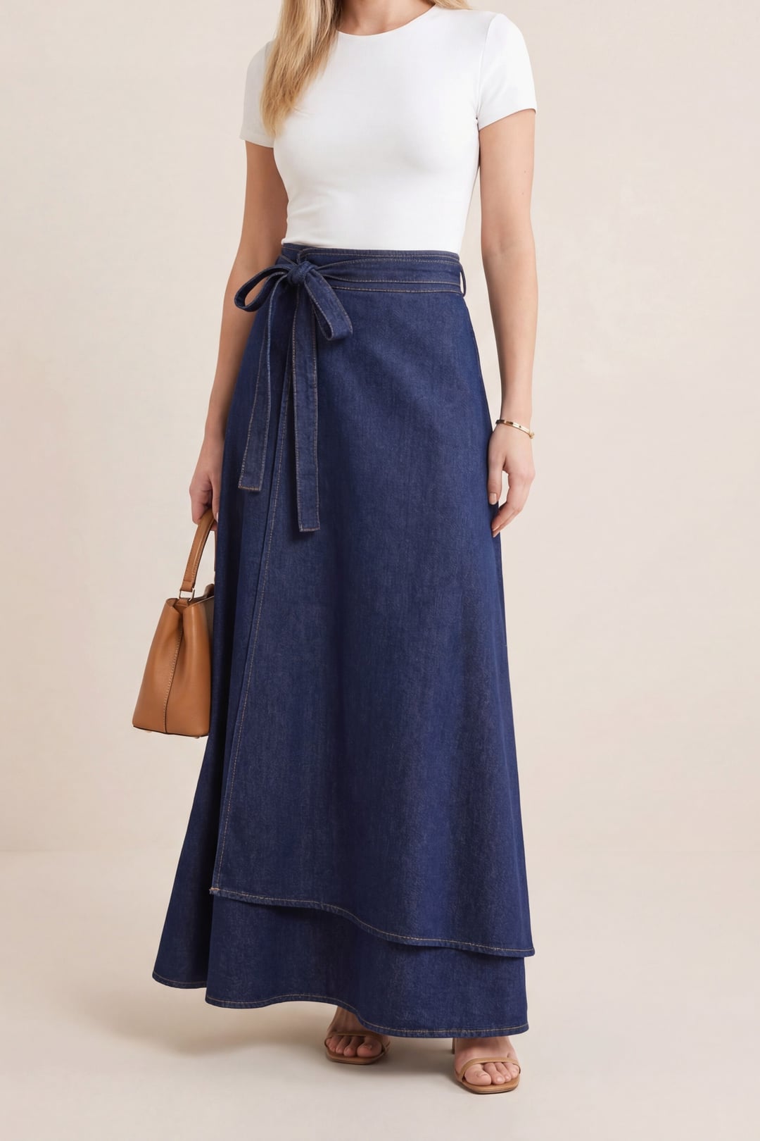 Dark Navy Double-Layer Wrap Denim Skirt with Side Tie - Podyumplus - by Peralane - photo 3