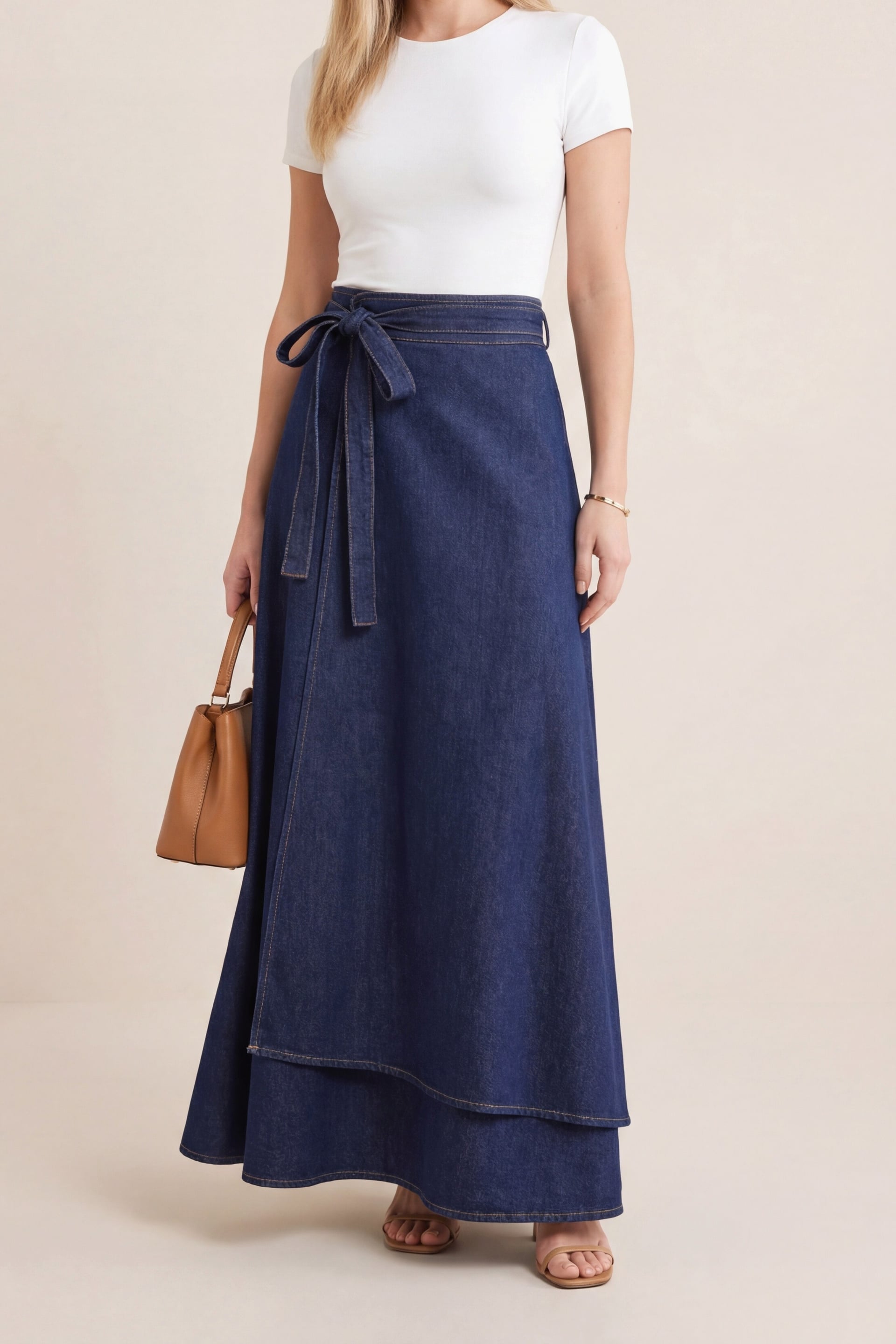 Dark Navy Double-Layer Wrap Denim Skirt with Side Tie - Podyumplus - by Peralane - photo 3