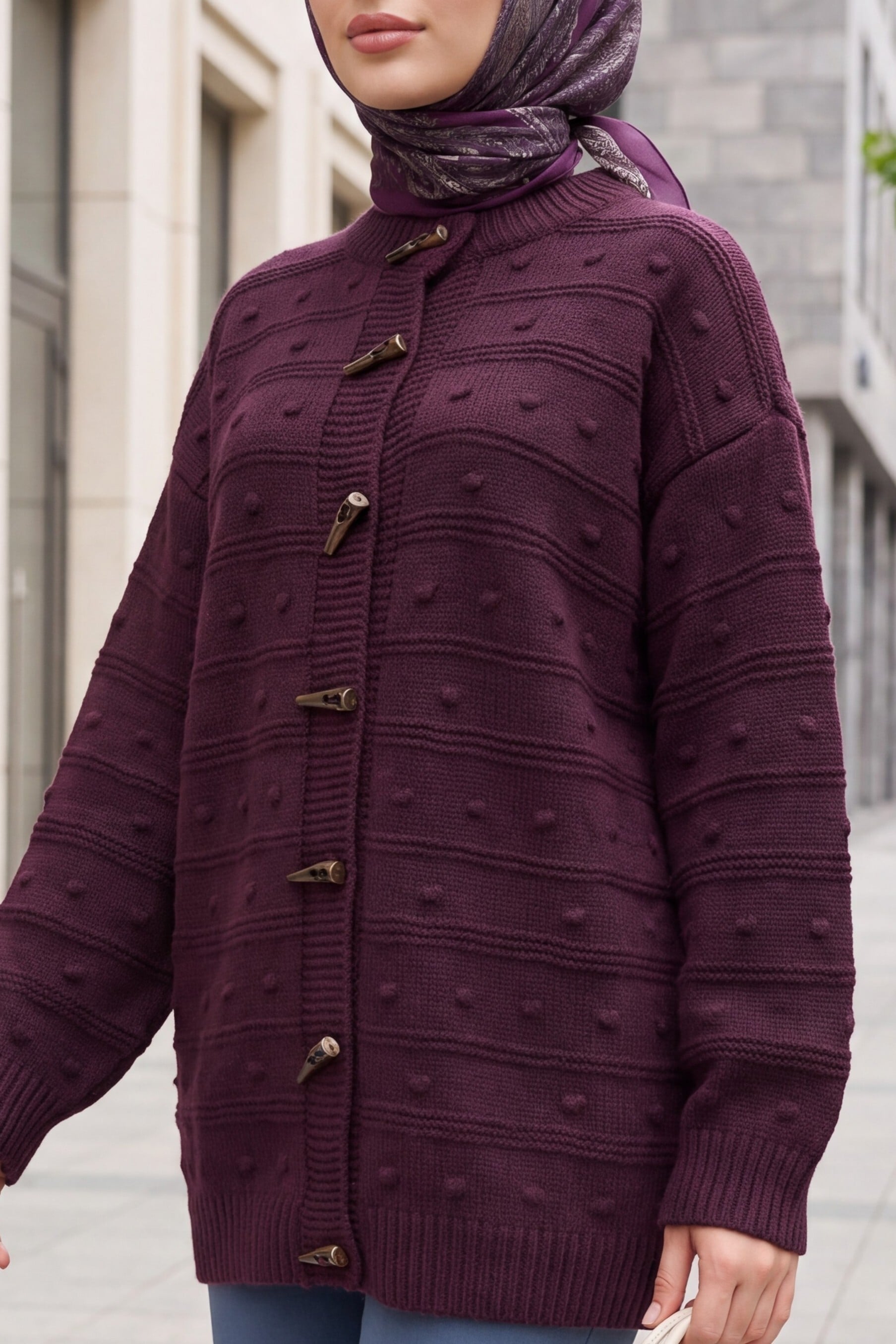 Ivory Button Pom-Pom Detail Loose Knit Cardigan - Plum - Podyumplus - by Peralane - photo 2