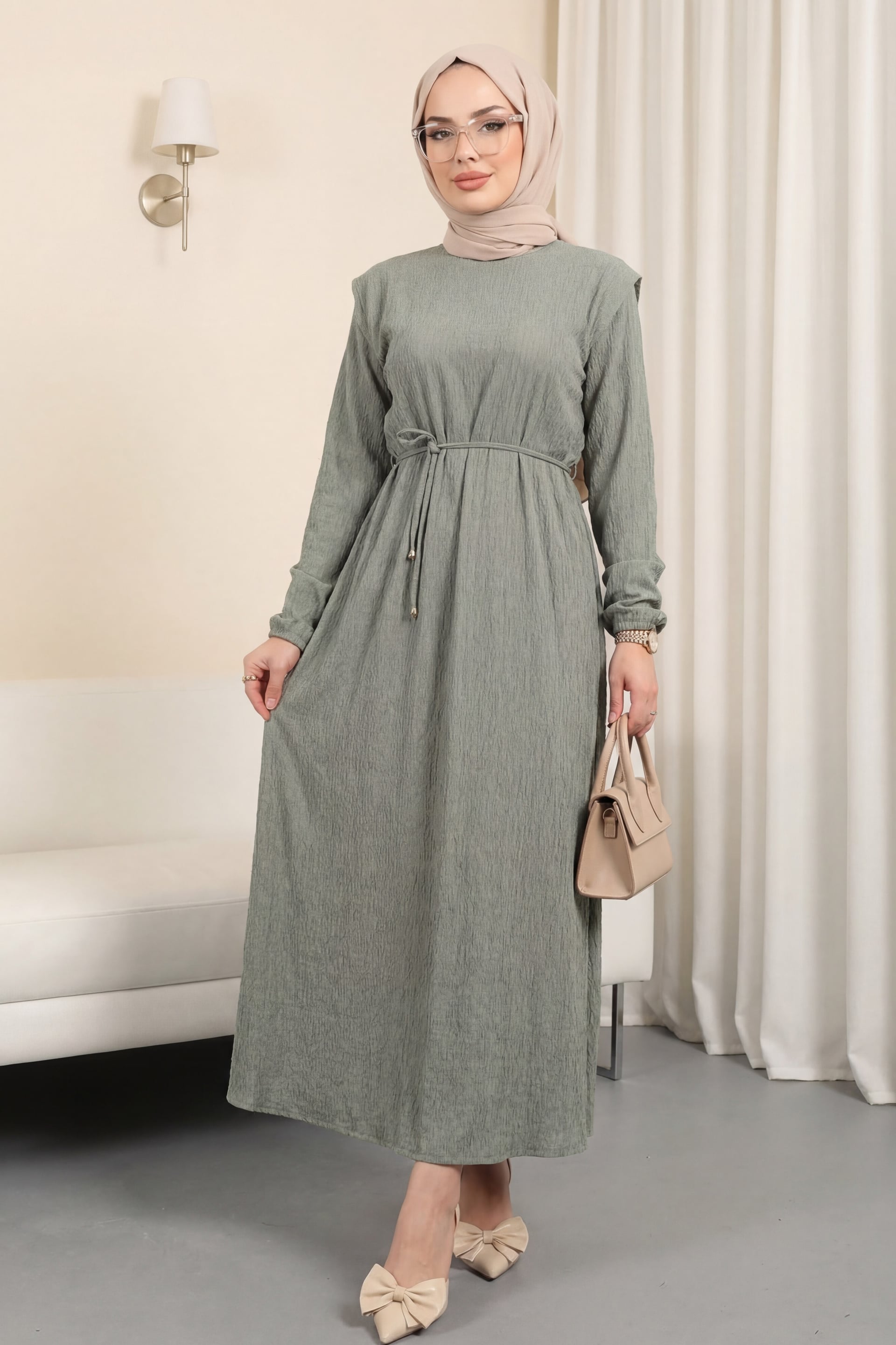 Olive Green Long-Sleeve Textured Dress with Tie Waist - Podyumplus - by Peralane