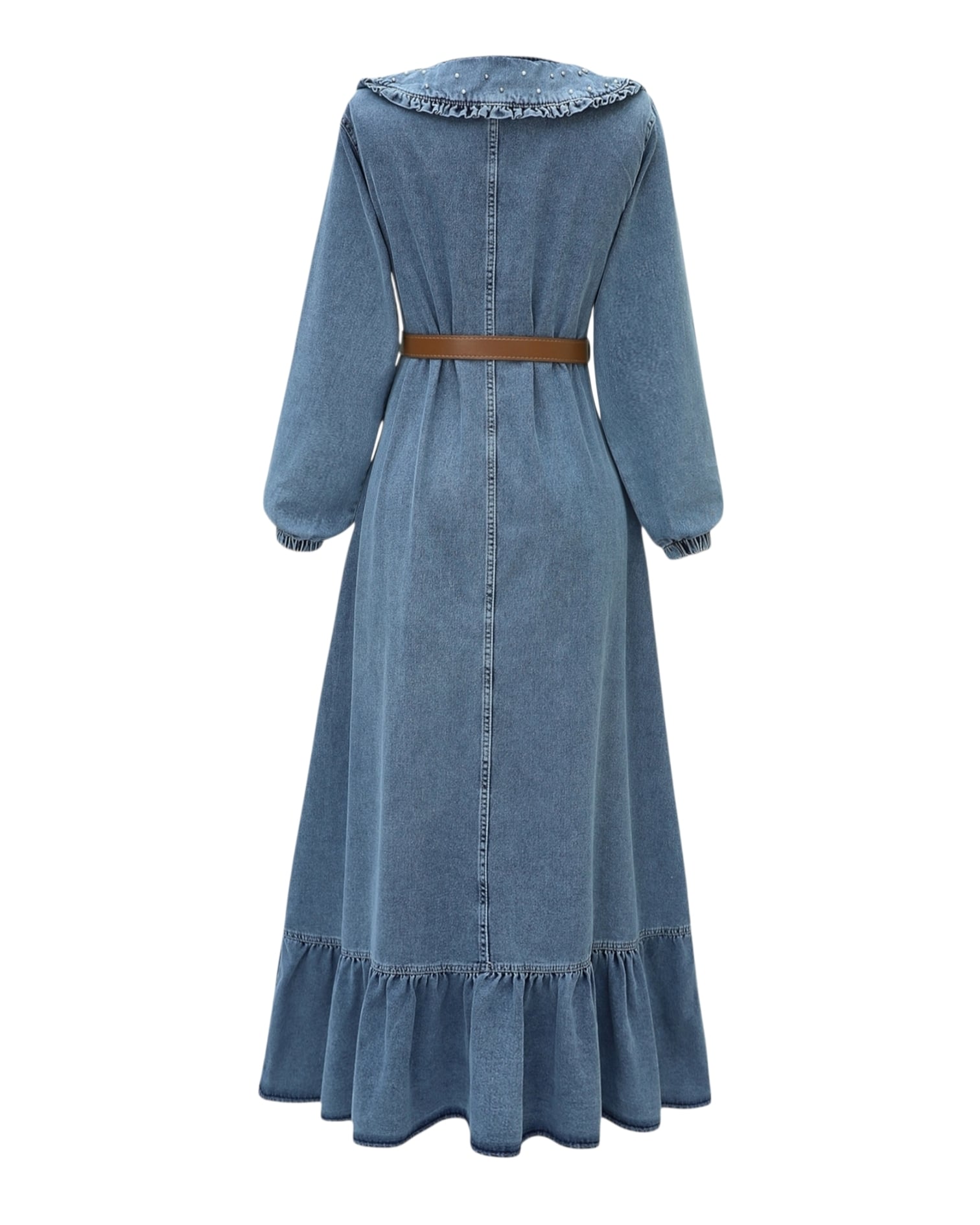 Bebe Collar Half Zip Pearl Detail Belted Denim Dress - Ice Blue - Podyumplus - by Peralane - photo 6