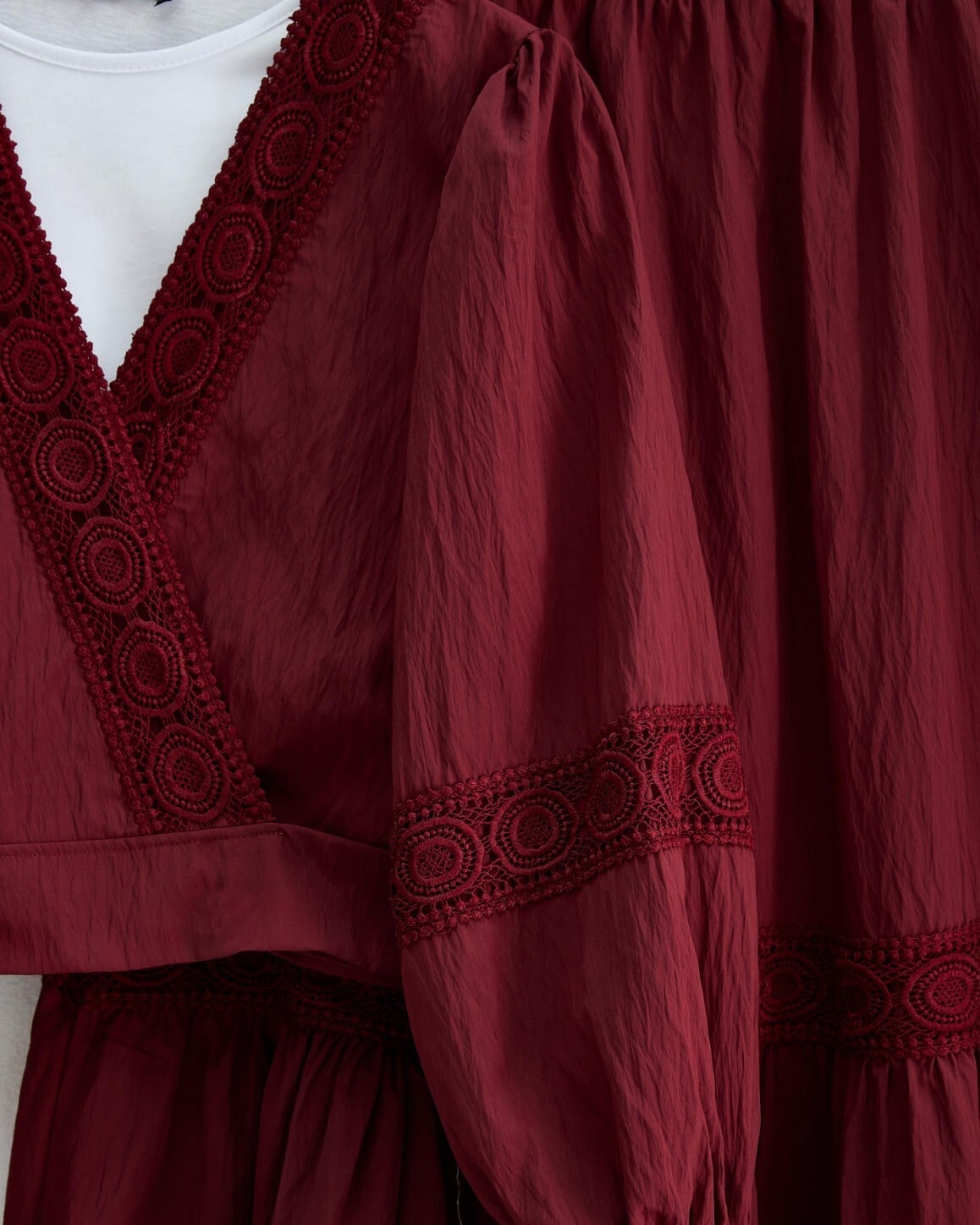 Lace Detail Tie-Front Puff Sleeve Top and Tiered Skirt Co-ord Set - Bordeaux - Podyumplus - by Peralane - photo 7
