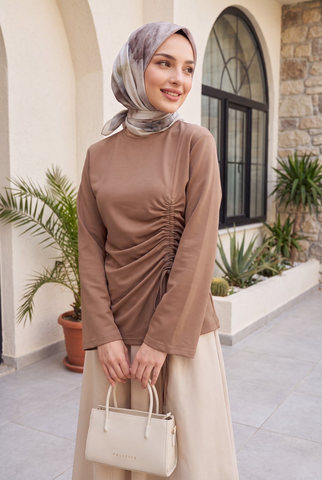 Women's Asymmetric Drawstring Jersey Sweatshirt - Light Brown - Podyumplus - by Peralane - photo 2