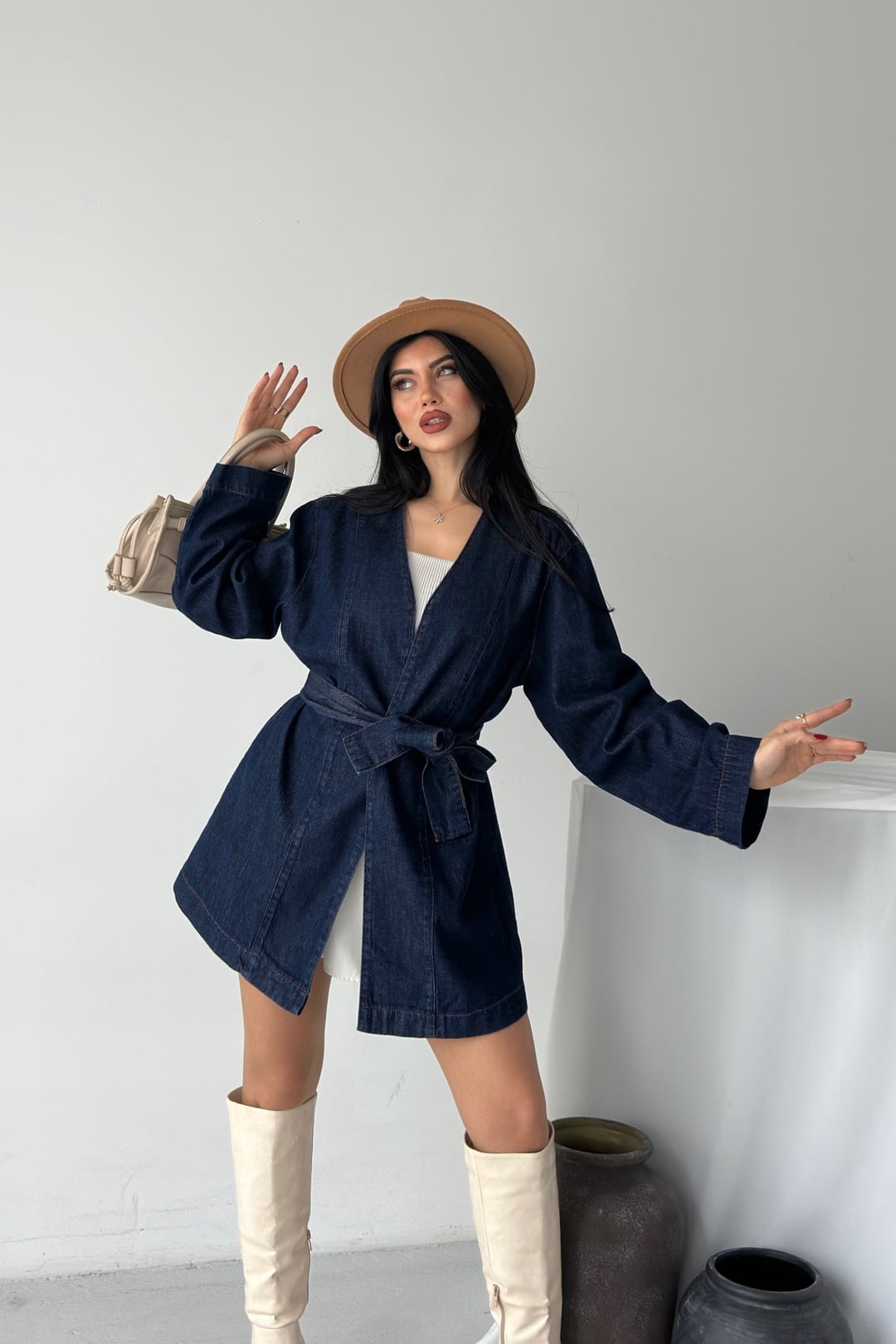 Oversize Tie Waist Denim Jacket in Dark Navy - Xlove - by Peralane - photo 6
