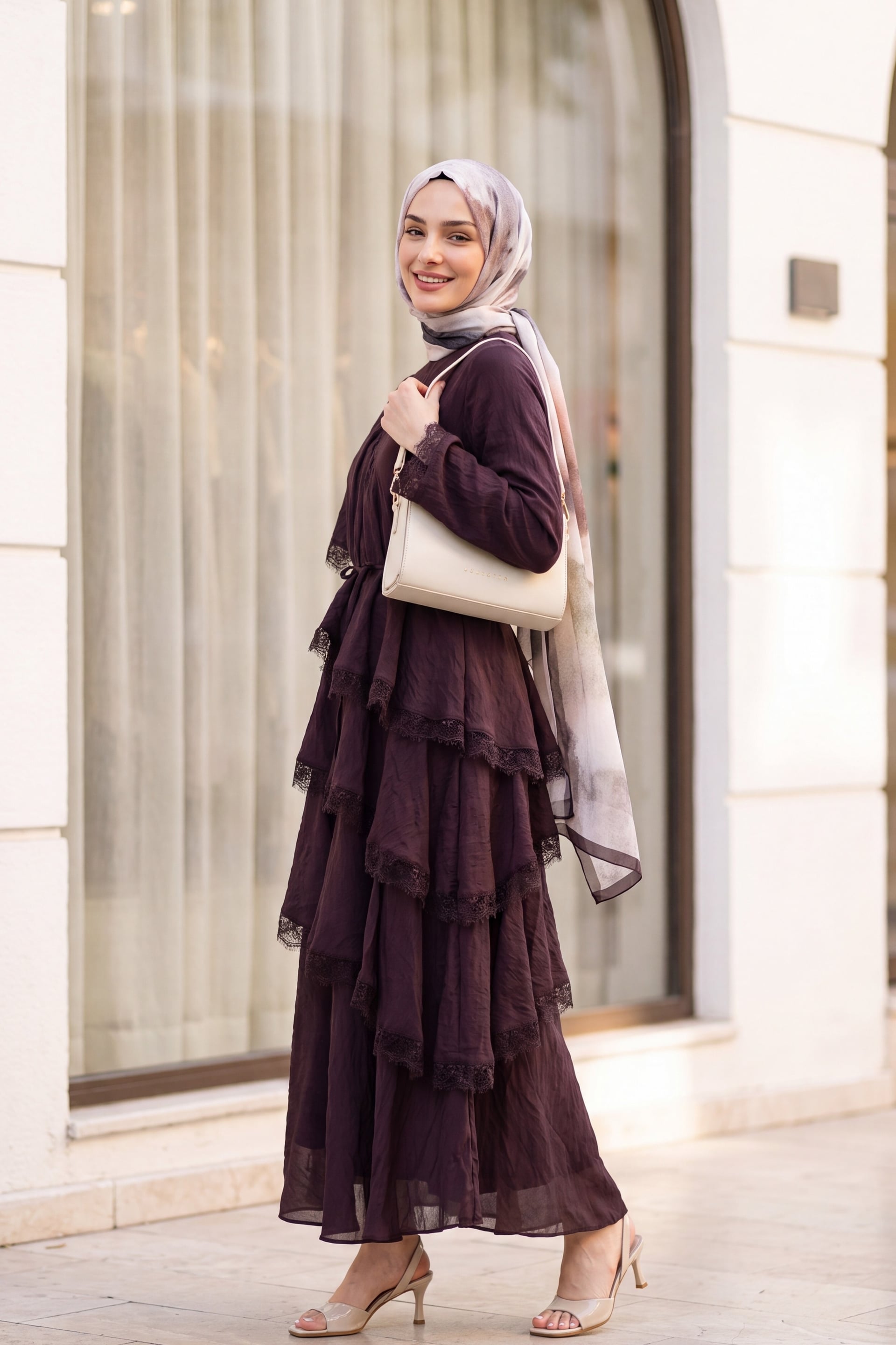 Lace Trim Tiered Belted Lined Tulle Modal Dress - Dark Brown - Podyumplus - by Peralane - photo 6