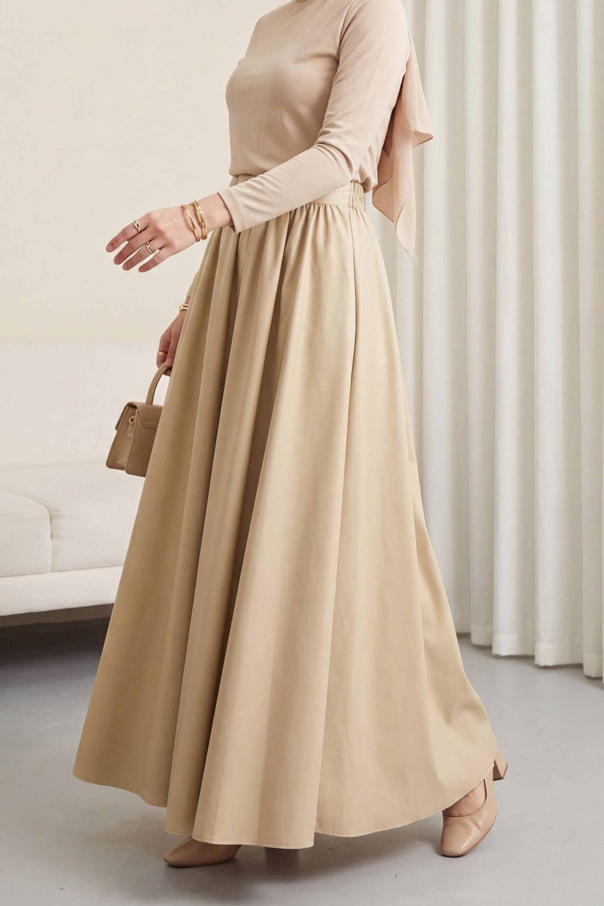 Pleated Bonded Skirt with Pockets - Beige - Podyumplus - by Peralane