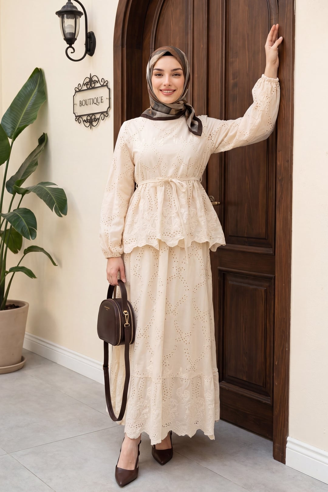 Elastic Sleeve Belted Eyelet Lined Linen-Look Two-Piece Set - Beige - Podyumplus - by Peralane - photo 2