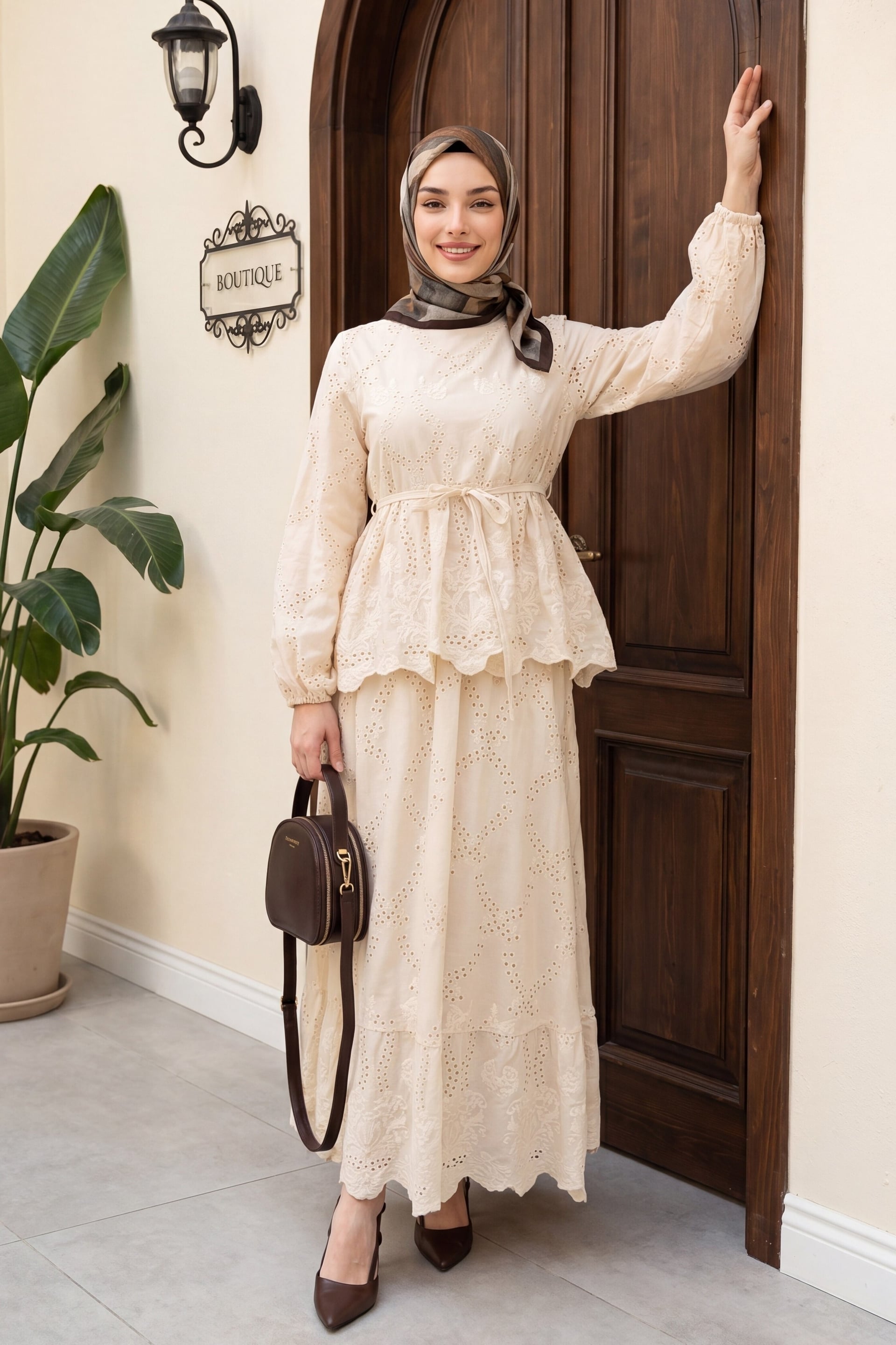 Elastic Sleeve Belted Eyelet Lined Linen-Look Two-Piece Set - Beige - Podyumplus - by Peralane - photo 2