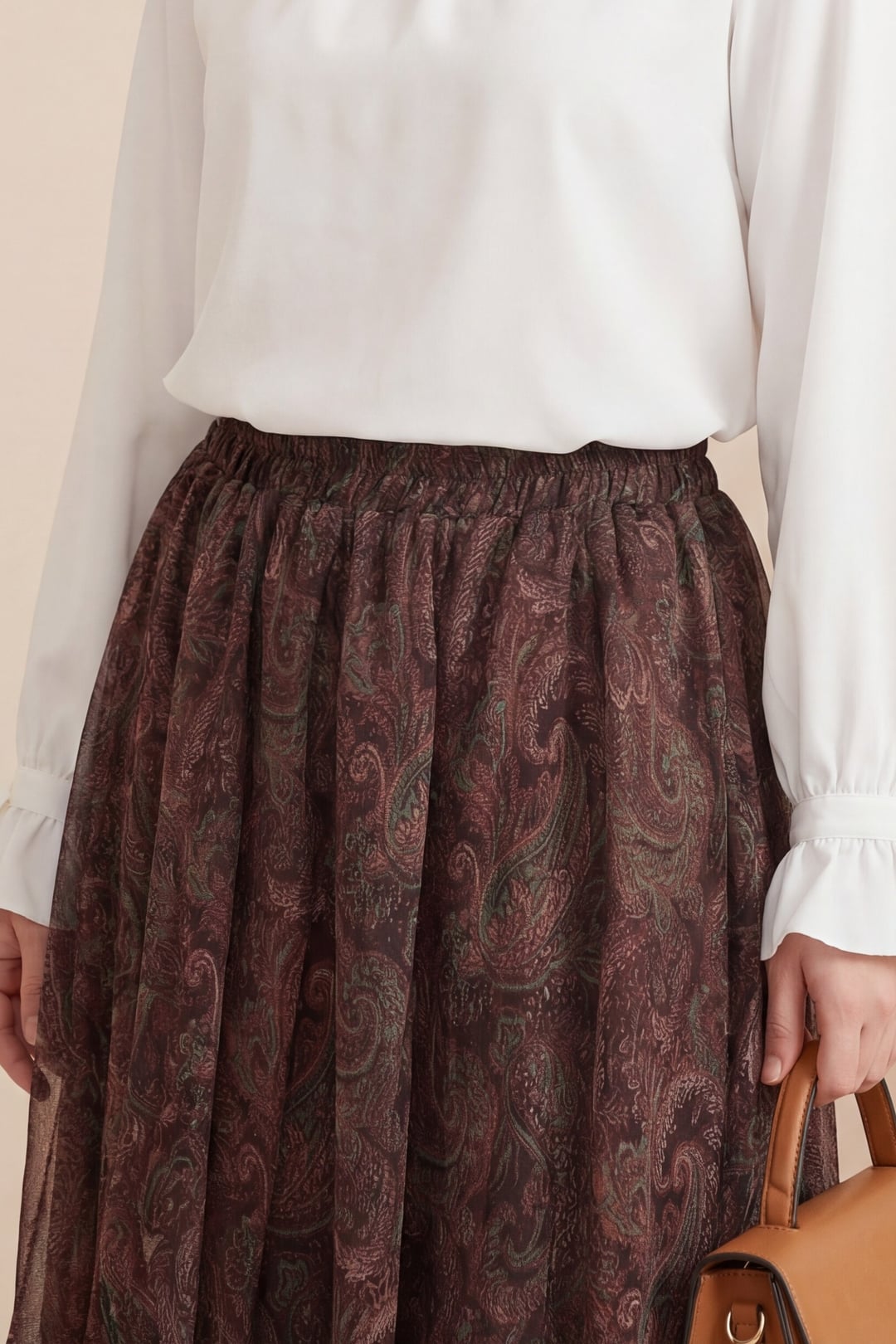 Elastic Waist Patterned Lined Chiffon Skirt - Brown - Podyumplus - by Peralane - photo 3