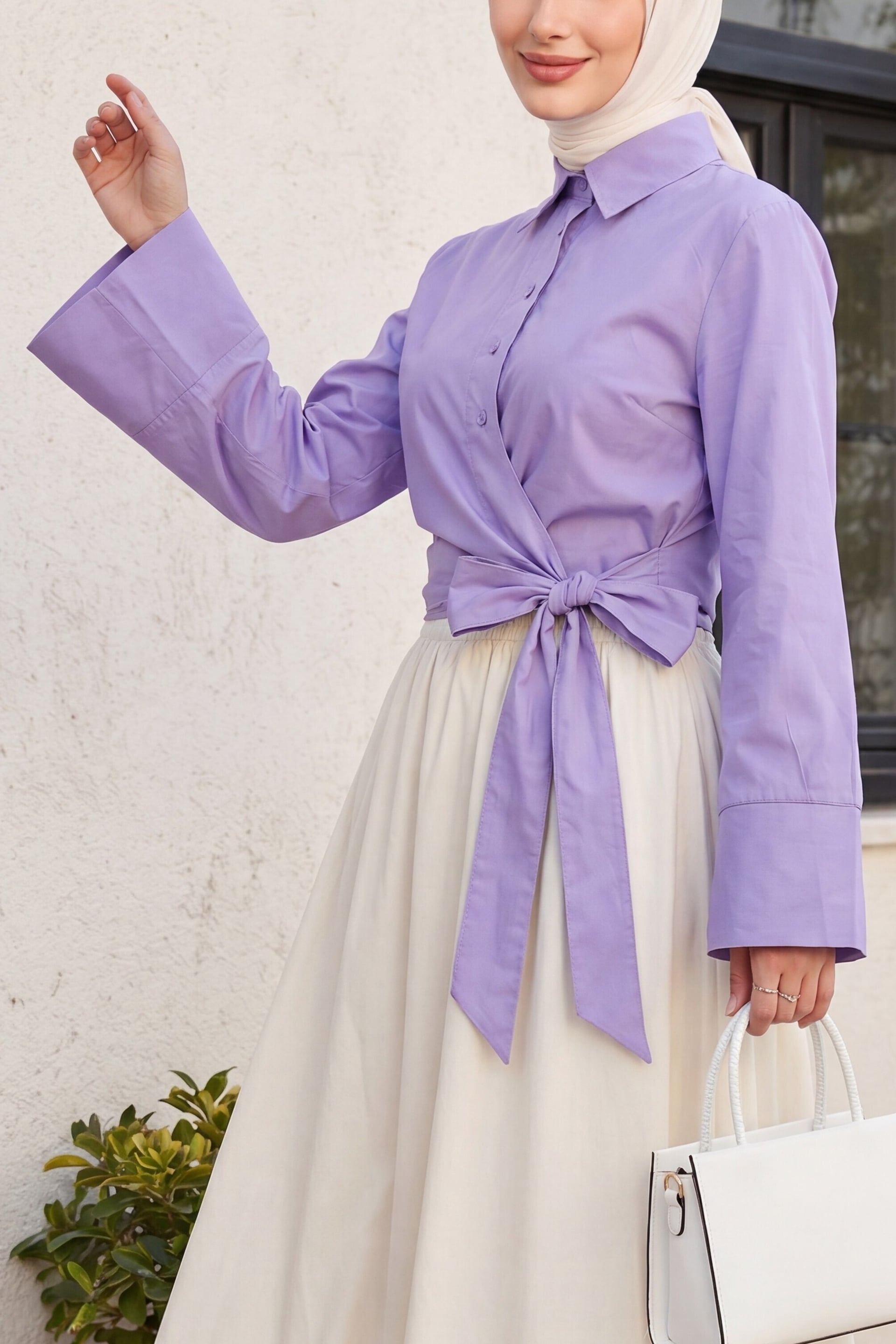 Side-Tied Spanish Sleeve Buttoned Blouse - Lavender - Podyumplus - by Peralane - photo 2