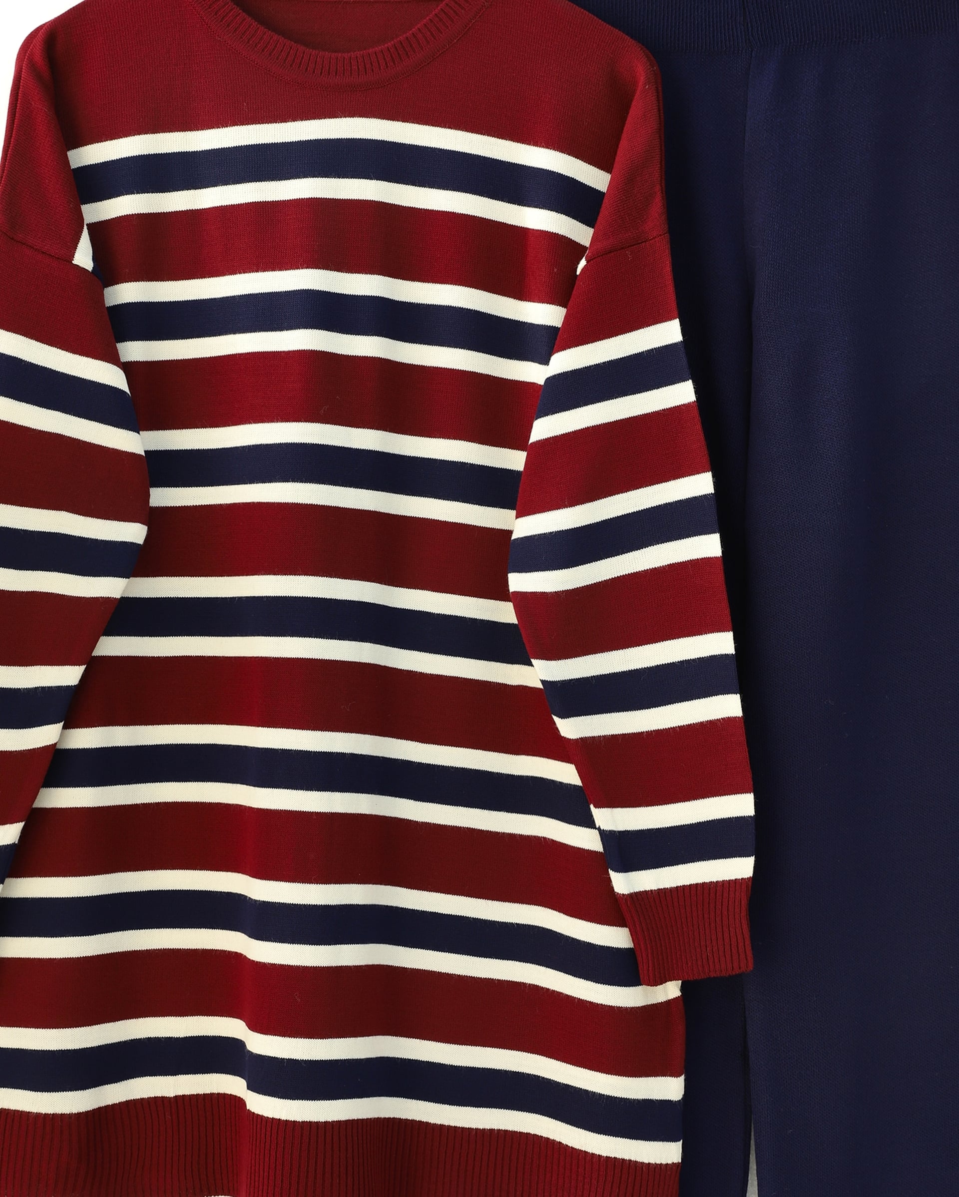 Round Neck Colorful Striped Casual Knit Tunic and Pants Set - Burgundy - Podyumplus - by Peralane - photo 3