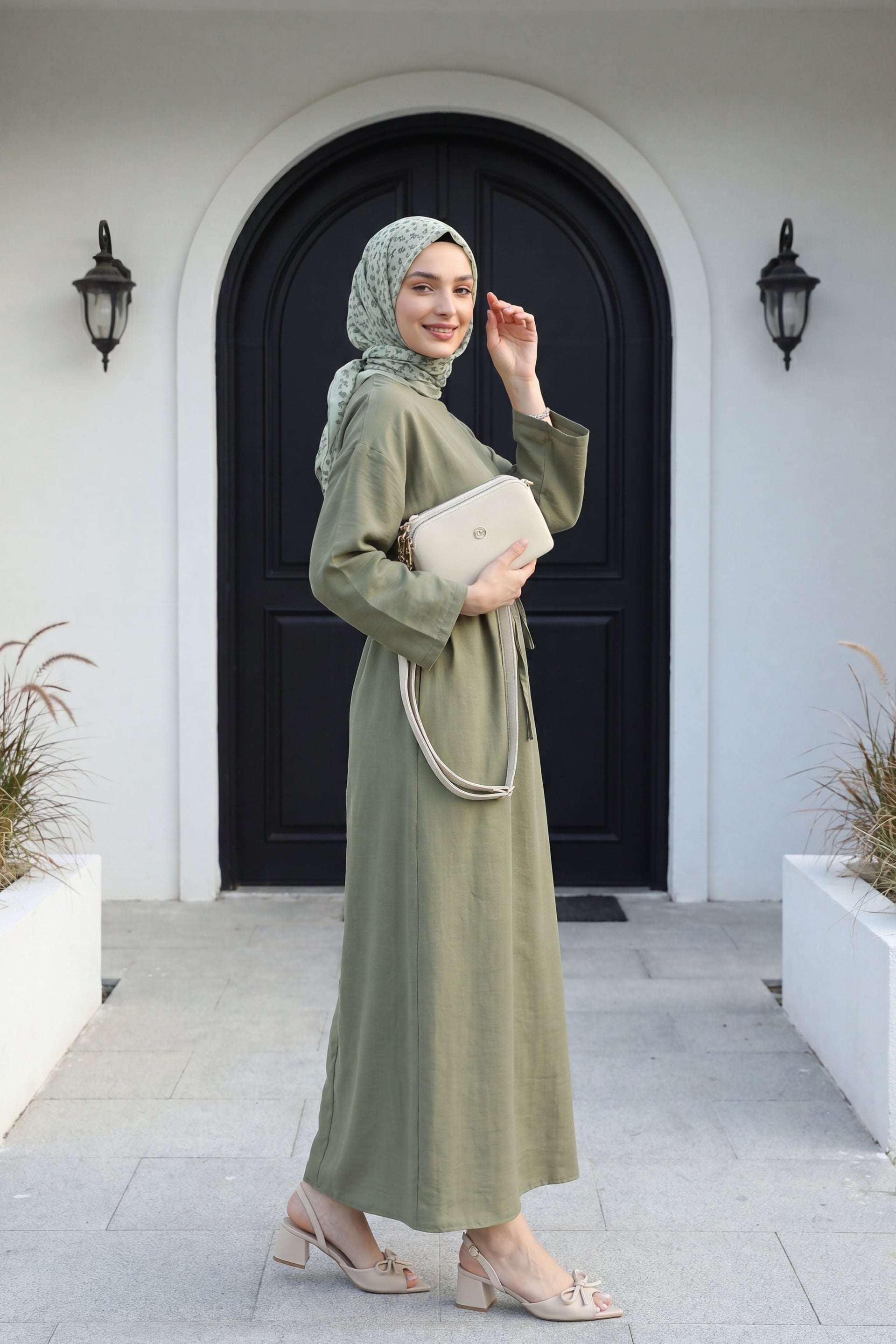 Olive Green Belted Linen Look Dress with Back Zip - Podyumplus - by Peralane - photo 2