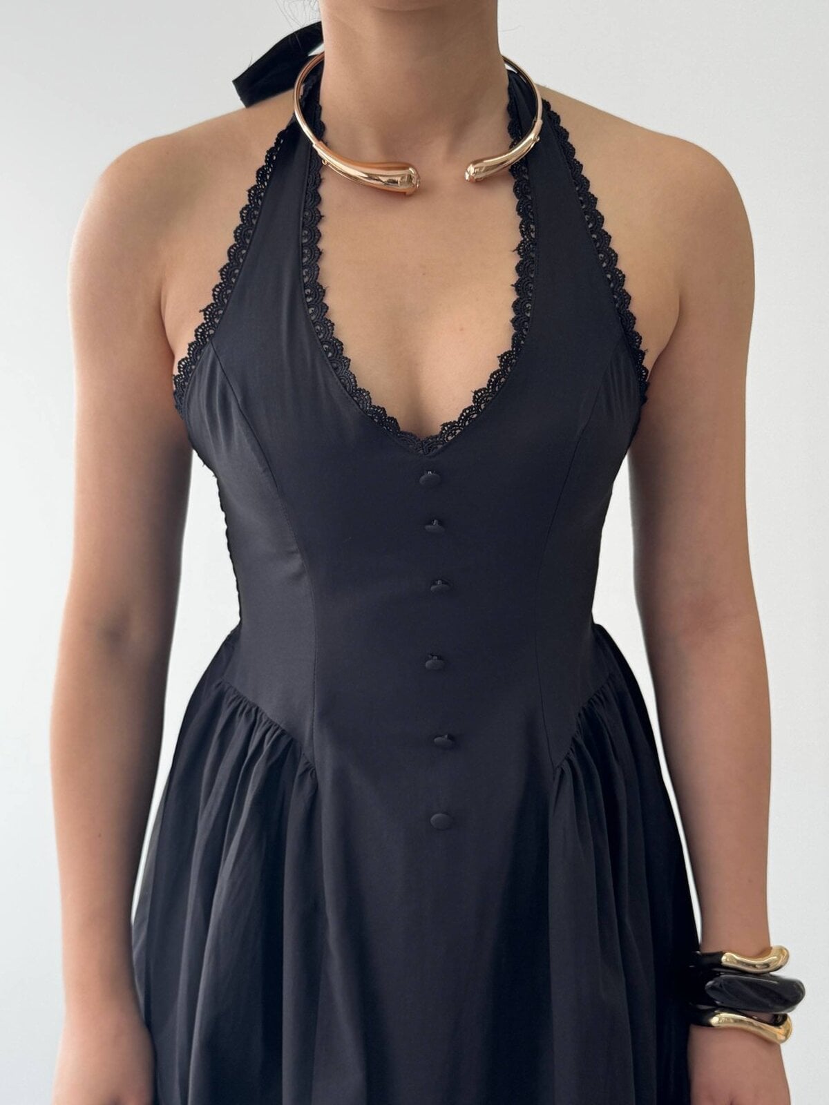 Black Sleeveless Halter Neck Smocked Dress with Bow Detail - Etika - by Peralane - photo 3