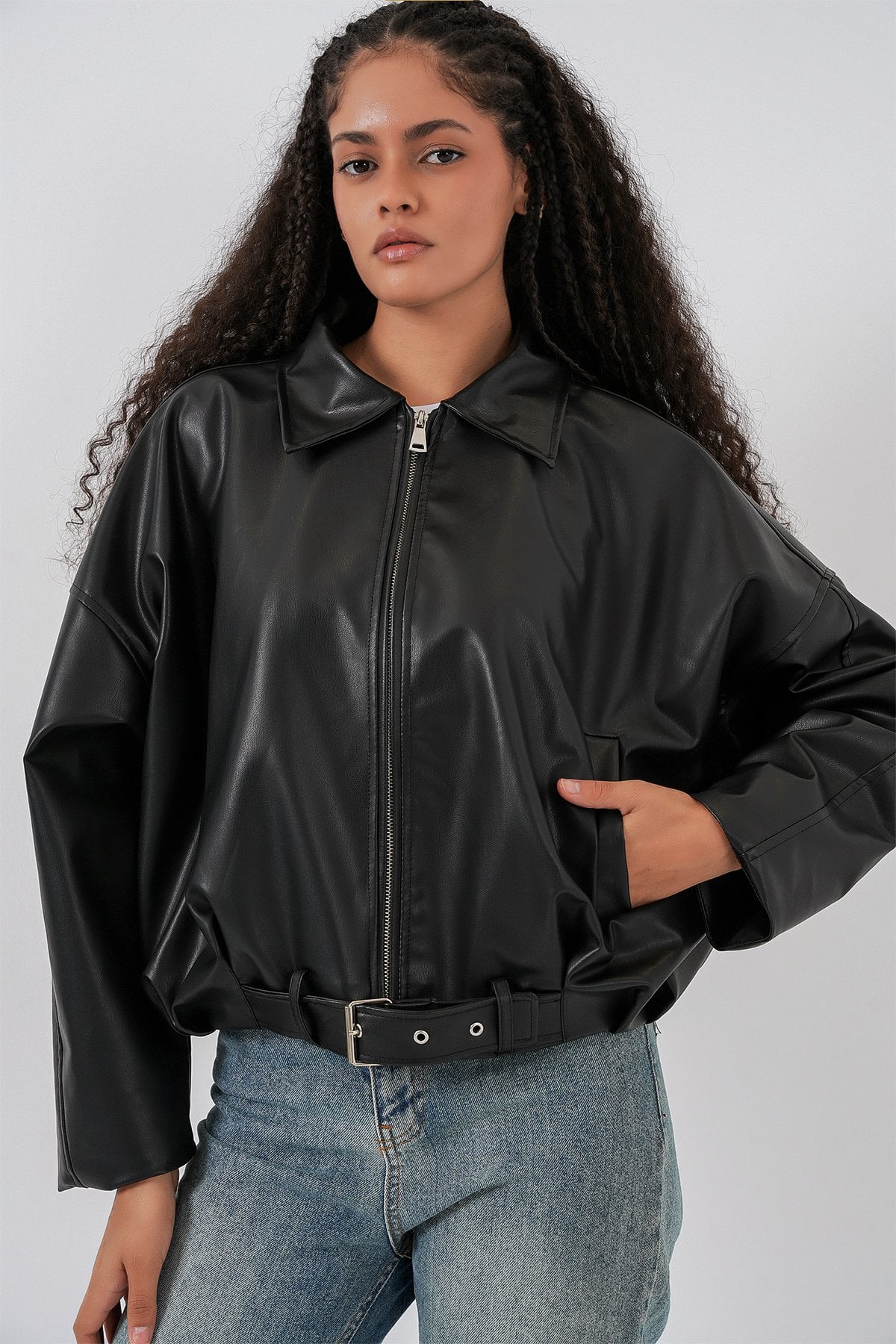 Women's Belted Faux Leather Jacket - Black - Bigdart - by Peralane - photo 5