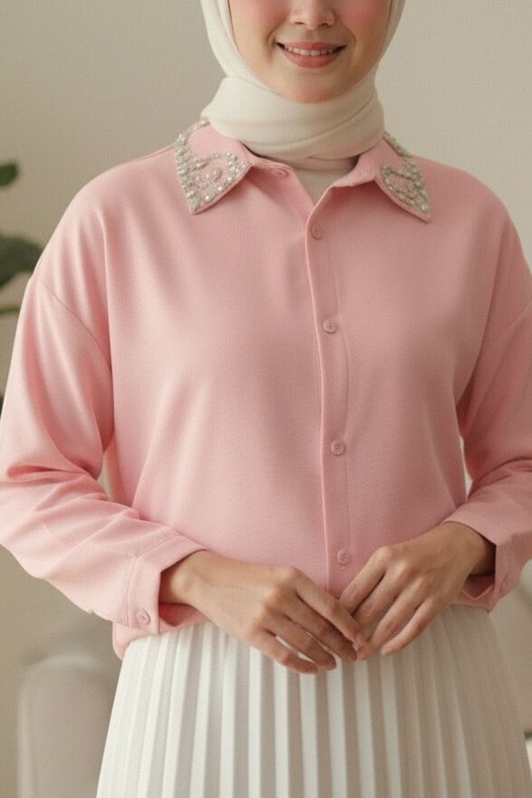 Stone Detailed Buttoned Loose Fit Blouse - Pink - Podyumplus - by Peralane - photo 3