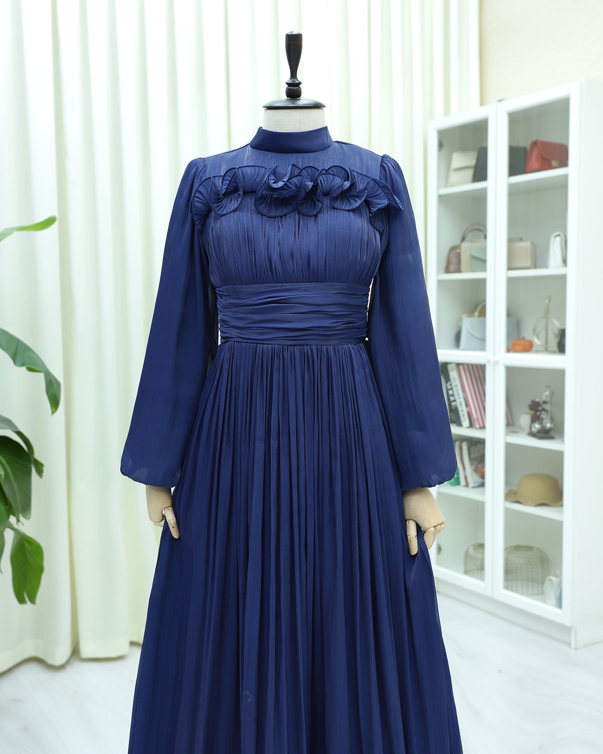 Navy Blue Pleated Evening Gown with Ruffles and Draped Waist - Podyumplus - by Peralane - photo 6