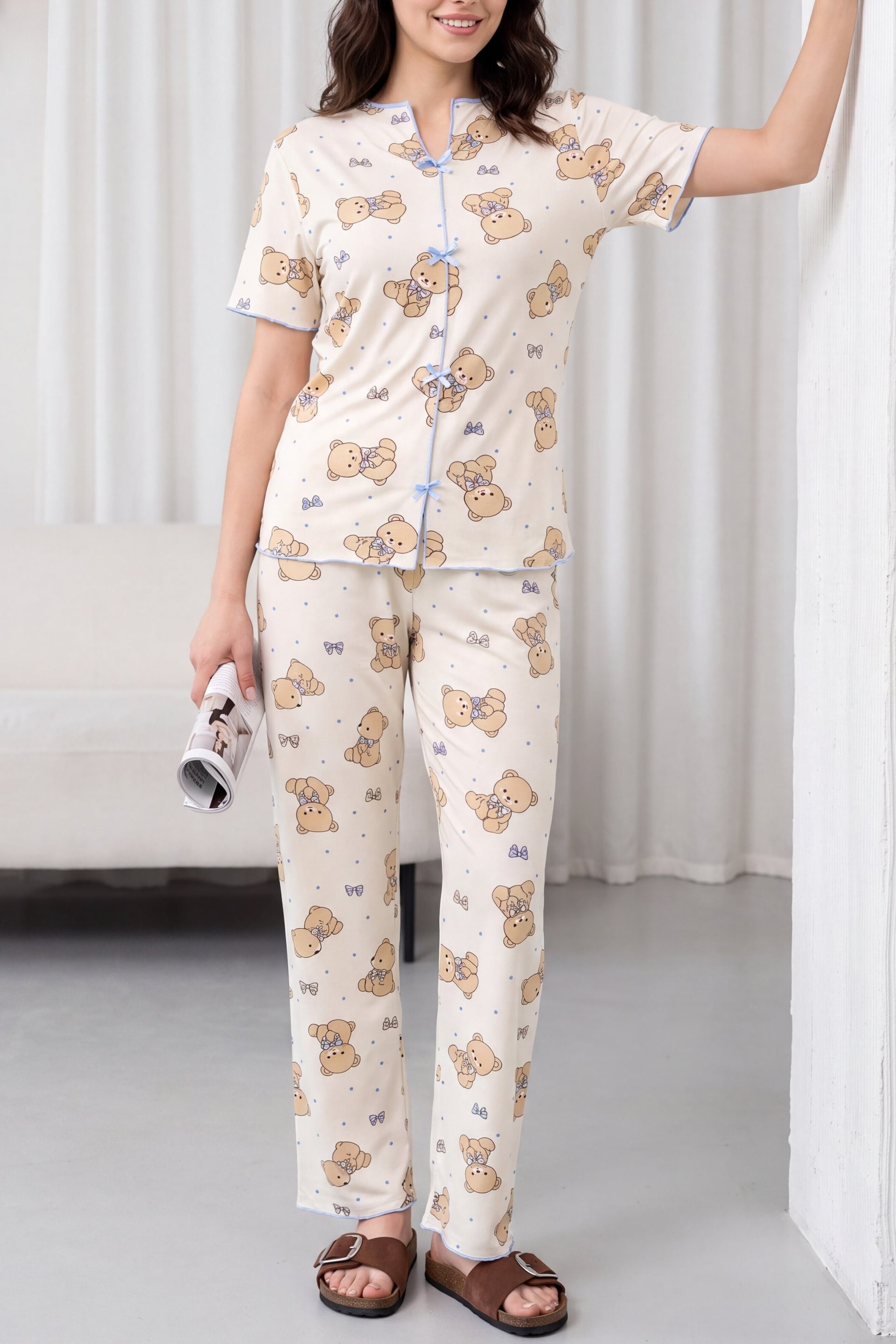 Mixed Figure Print V-Neck Bow Front Short Sleeve Knit Pajama Set - White - Podyumplus - by Peralane