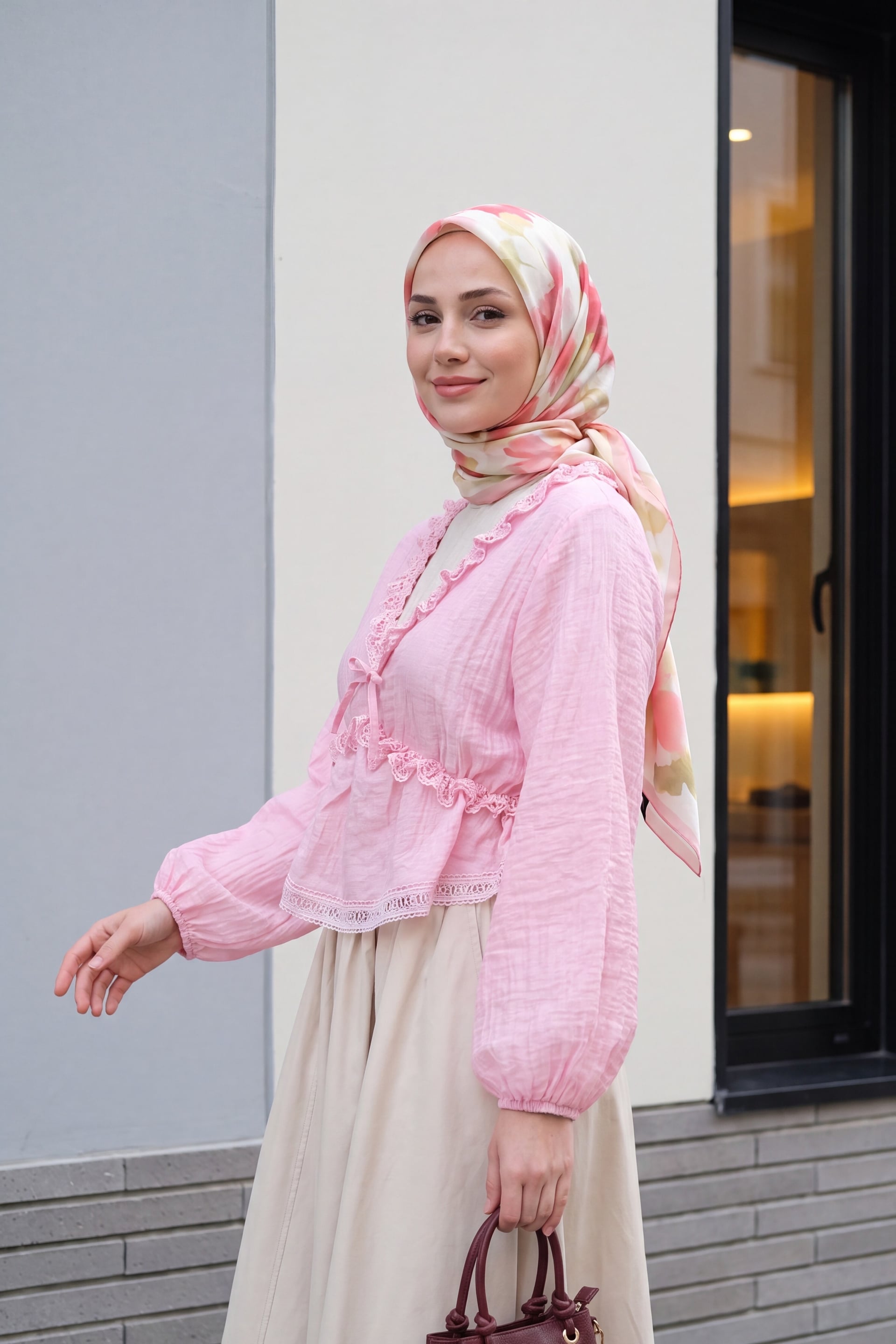 Pink Balloon Sleeve Lace Detail Ruched Viscose Blouse - Podyumplus - by Peralane - photo 5