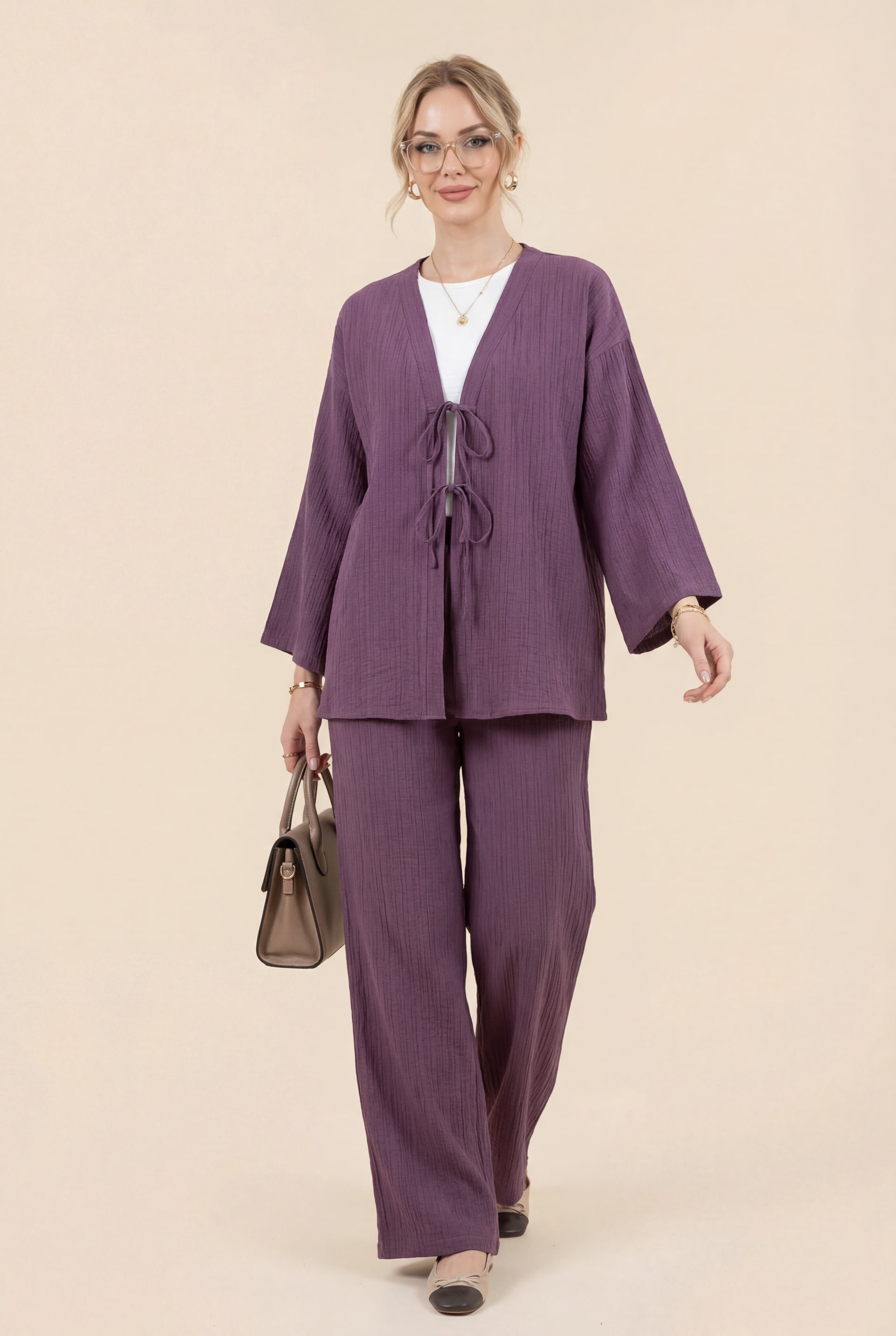 Plum Crinkled Two-Piece Set with Jacket and Wide-Leg Trousers - Podyumplus - by Peralane - photo 2
