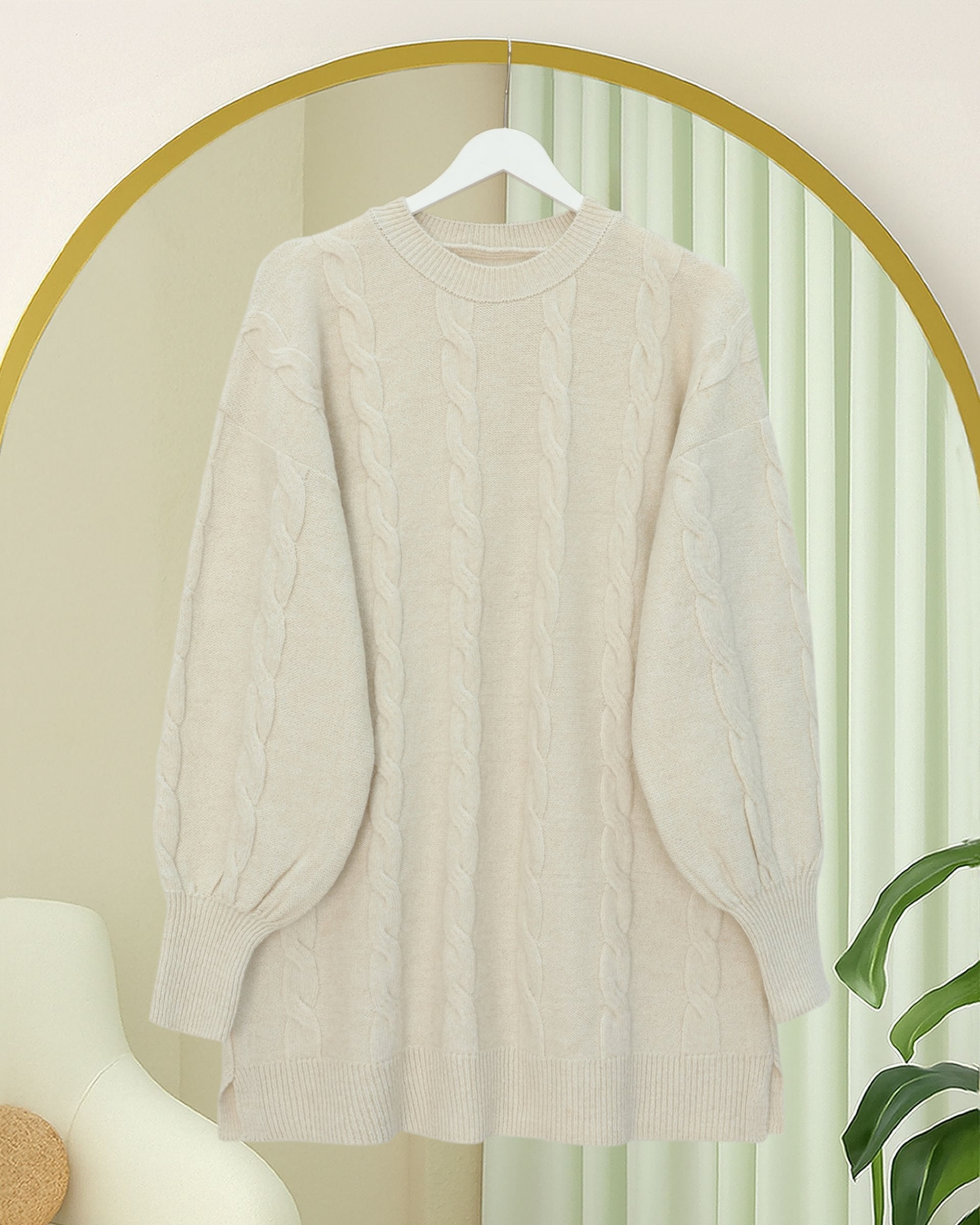 Cream Cable Knit Sweater with Balloon Sleeves - Podyumplus - by Peralane - photo 3