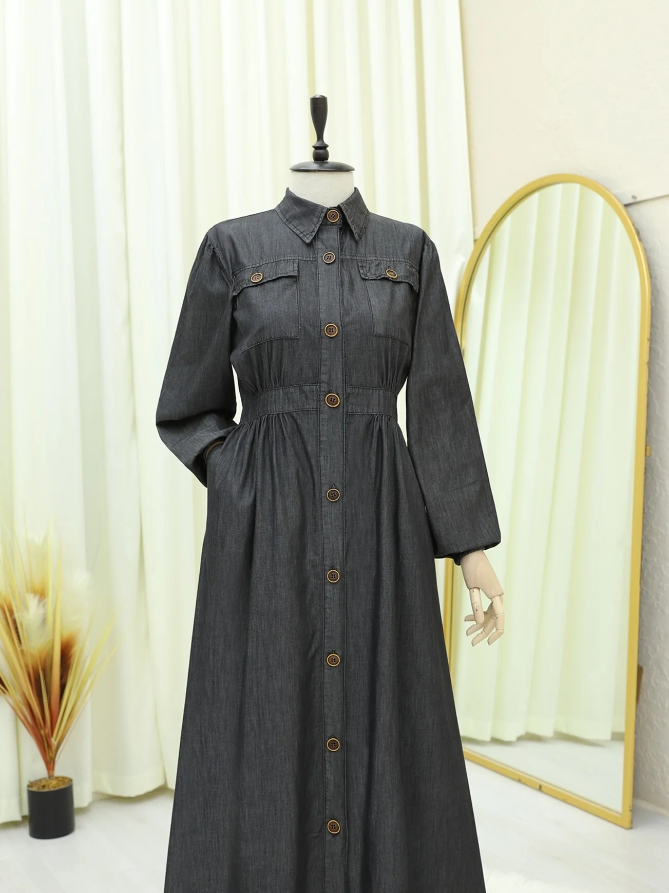 Long-Sleeved Denim Dress with Elastic Cuffs and Chest Pockets - Anthracite - Podyumplus - by Peralane - photo 5