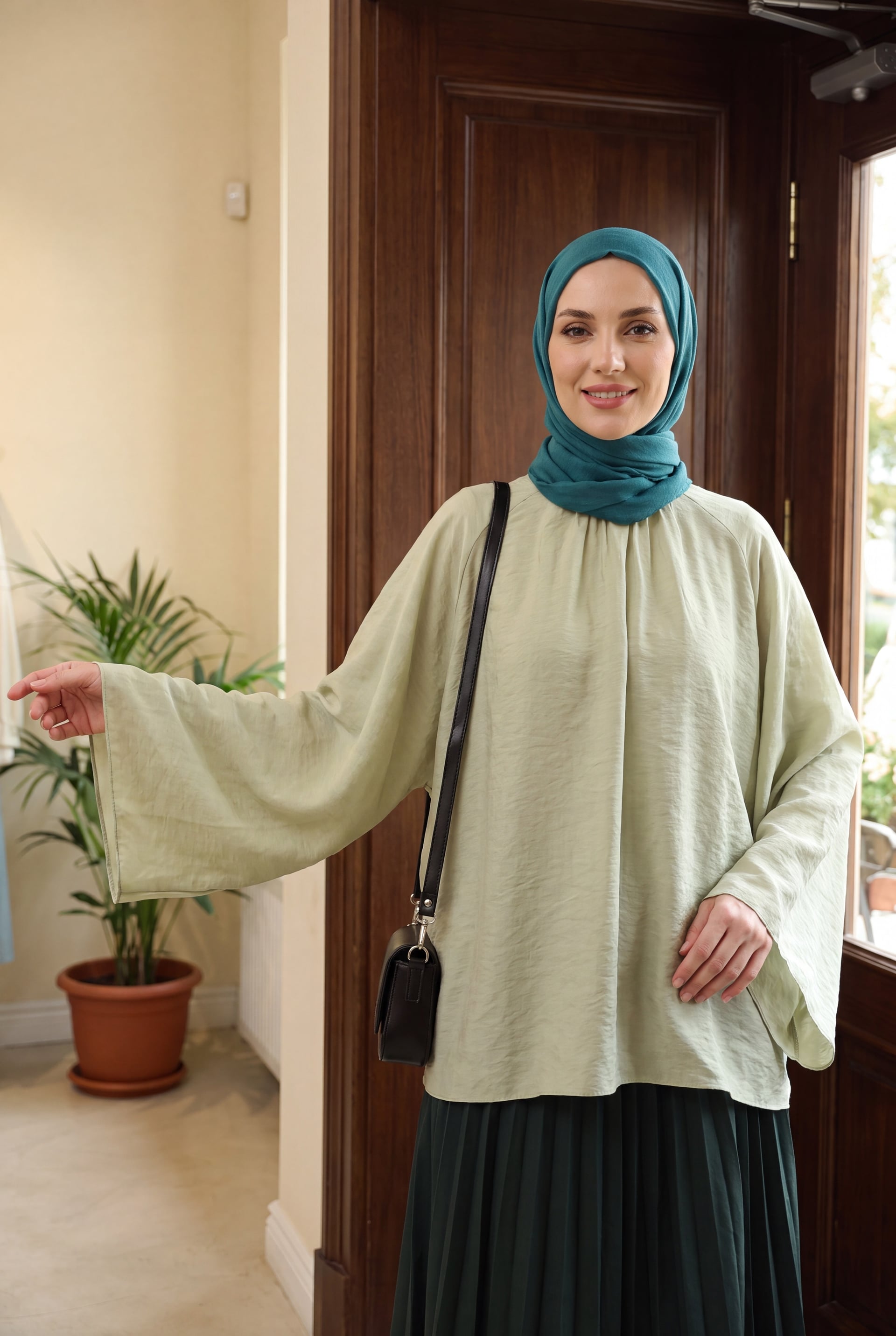 Crinkled Tulle Modal Tunic with Spanish Sleeves - Light Green - Podyumplus - by Peralane