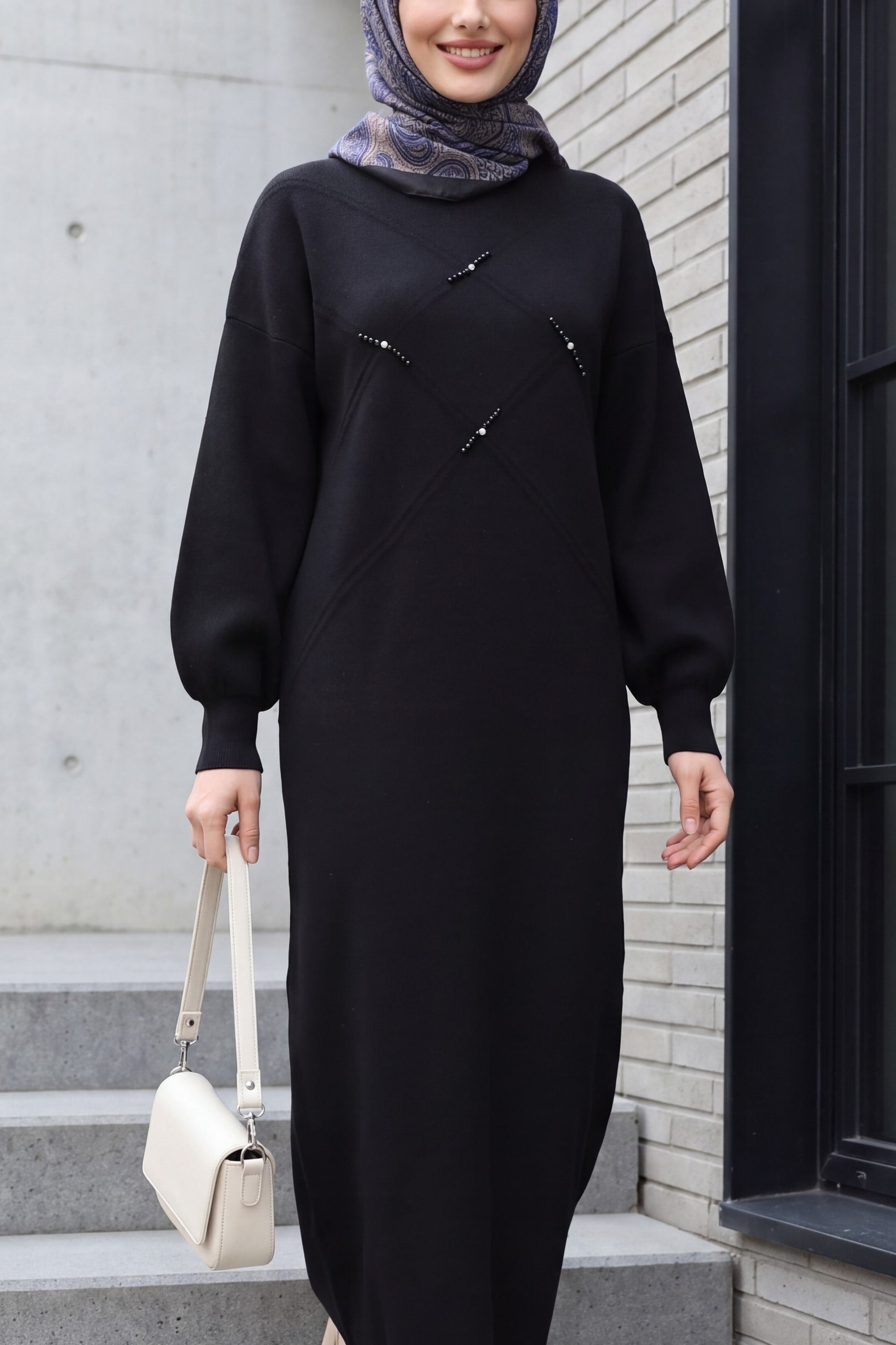 Black Embellished Patterned Knit Dress with Balloon Sleeves - Podyumplus - by Peralane