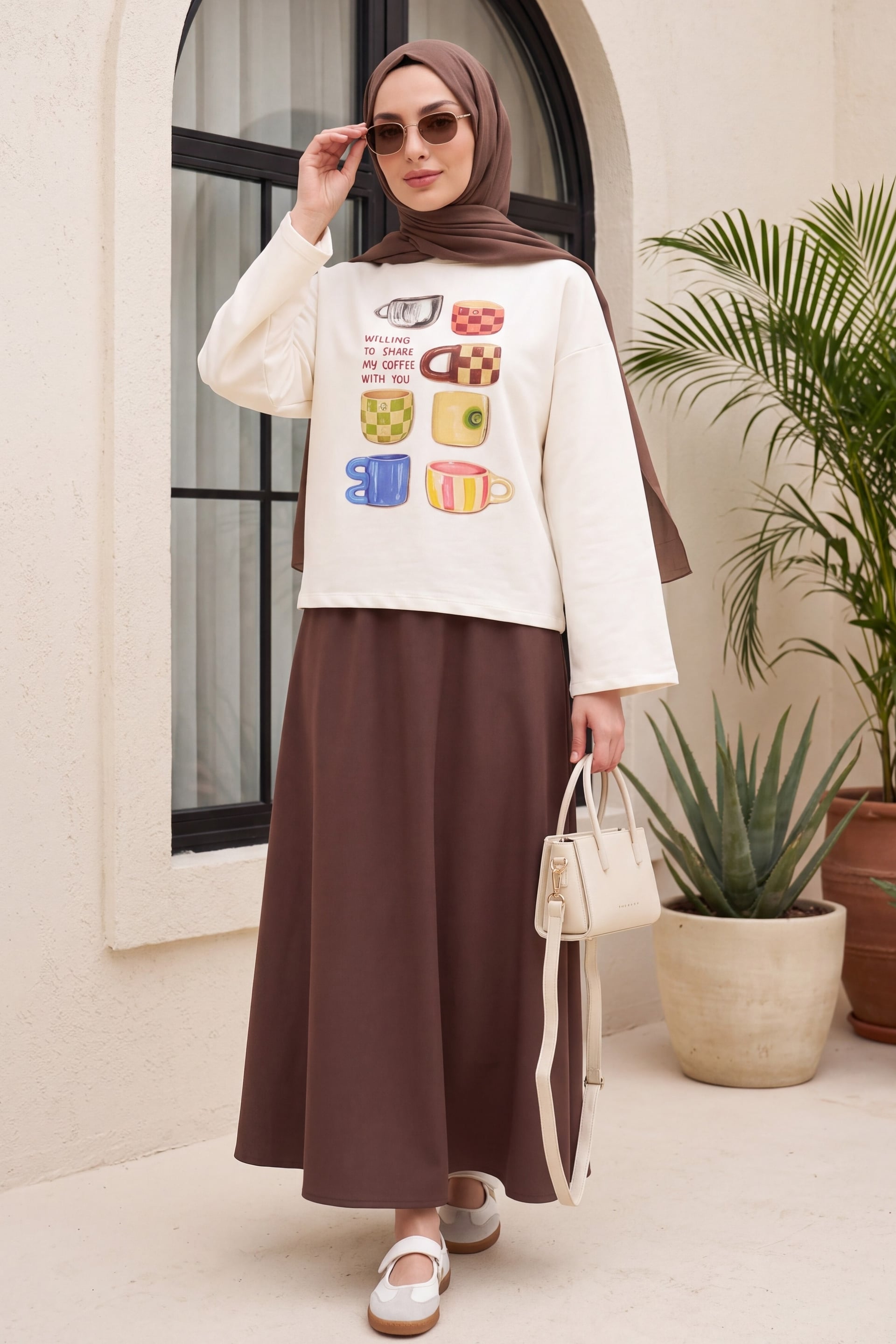 Coffee Cup Print Crew Neck Oversize 2-Thread Cotton Sweatshirt - Ecru - Podyumplus - by Peralane - photo 3