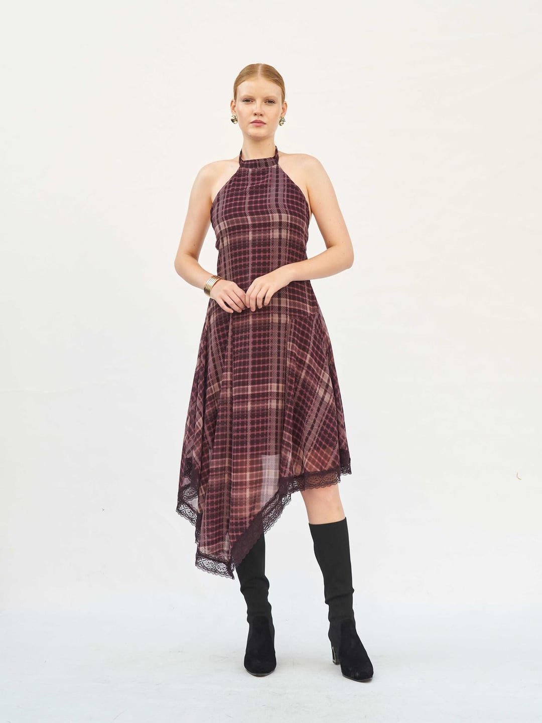 111808 Burgundy and Beige Plaid Maxi Dress with Lace Trim - Lefon - by Peralane - photo 2