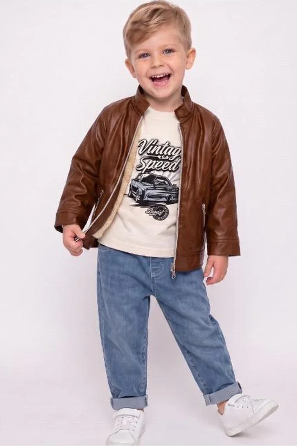 Boys' 4-Piece Set with Brown Faux Leather Jacket and Cream T-Shirt - Ages 3-6 - Has Bereket - by Peralane