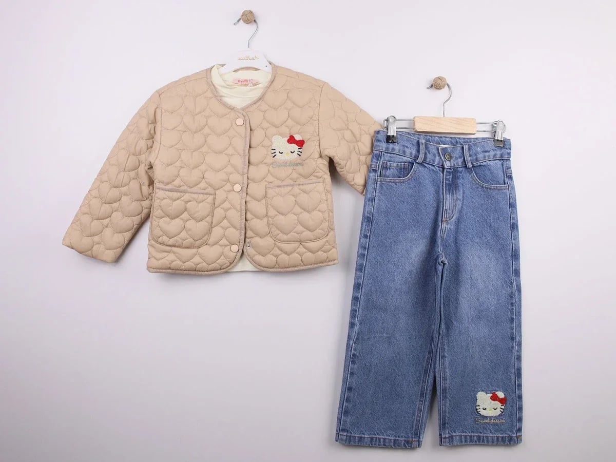 Hello Kitty Embroidered Heart Pattern Girls' 4-Piece Set with Quilted Jacket and Denim Trousers - Ecolkiz - by Peralane