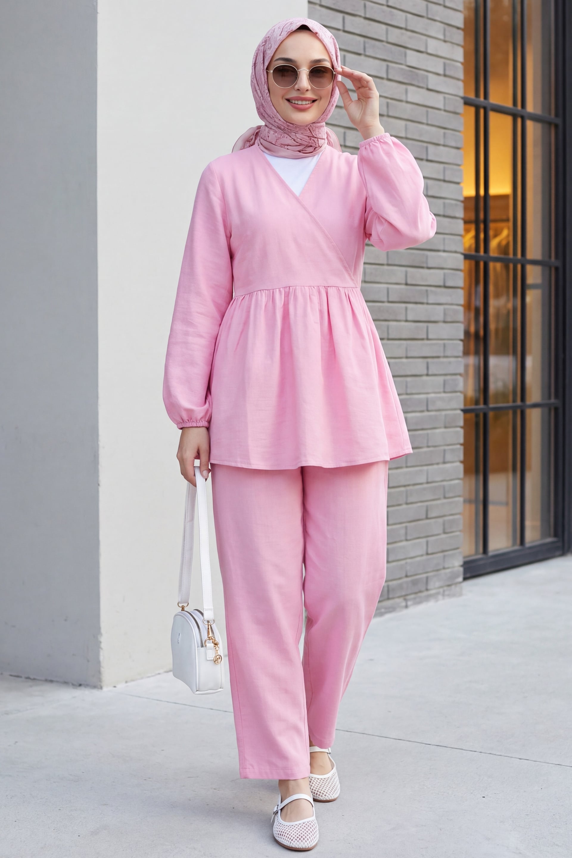 Pink Muslin Two-Piece Set: Peplum Top and Trousers - Podyumplus - by Peralane