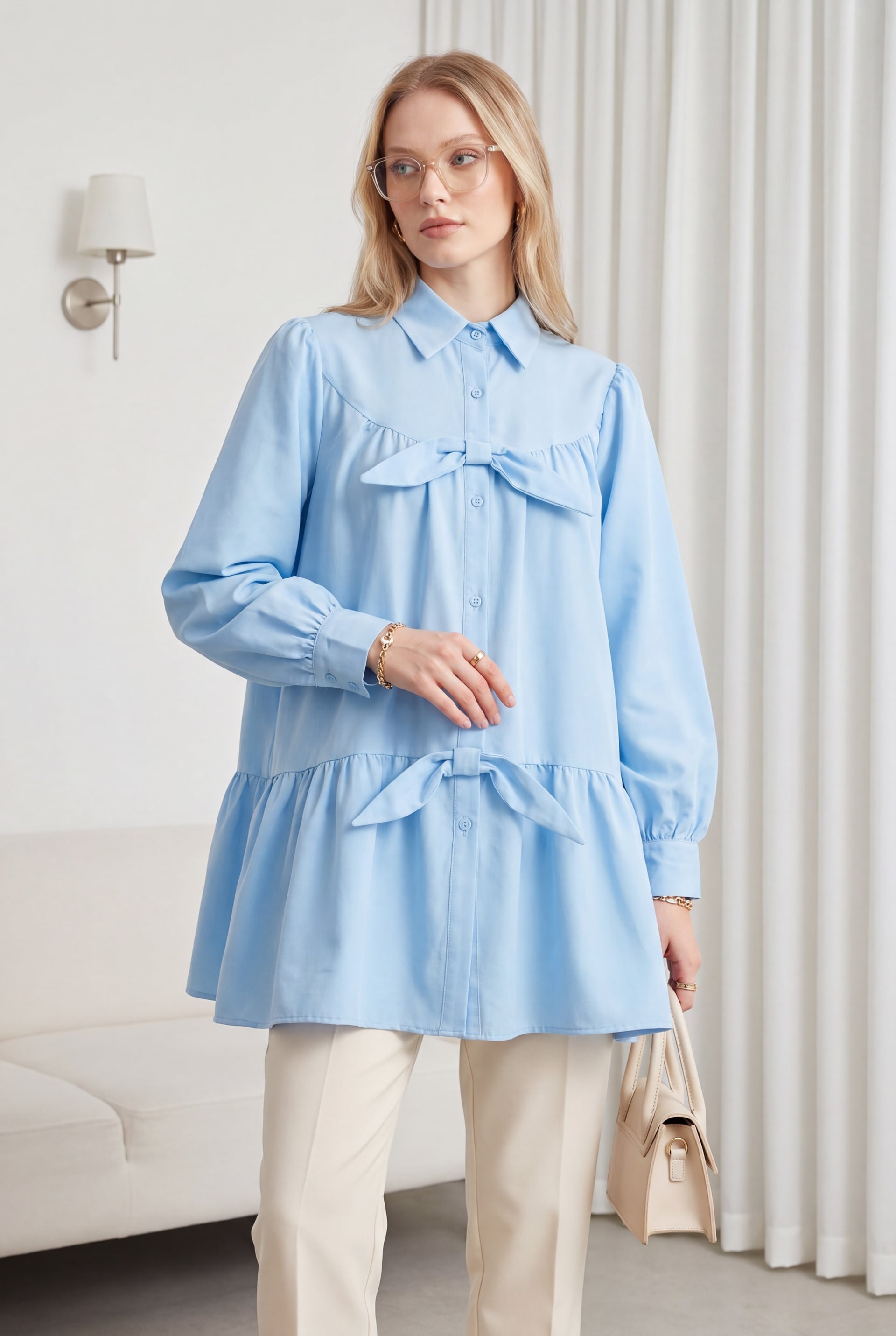 Women's Blue Button-Front Tunic with Ribbon Detail - Podyumplus - by Peralane