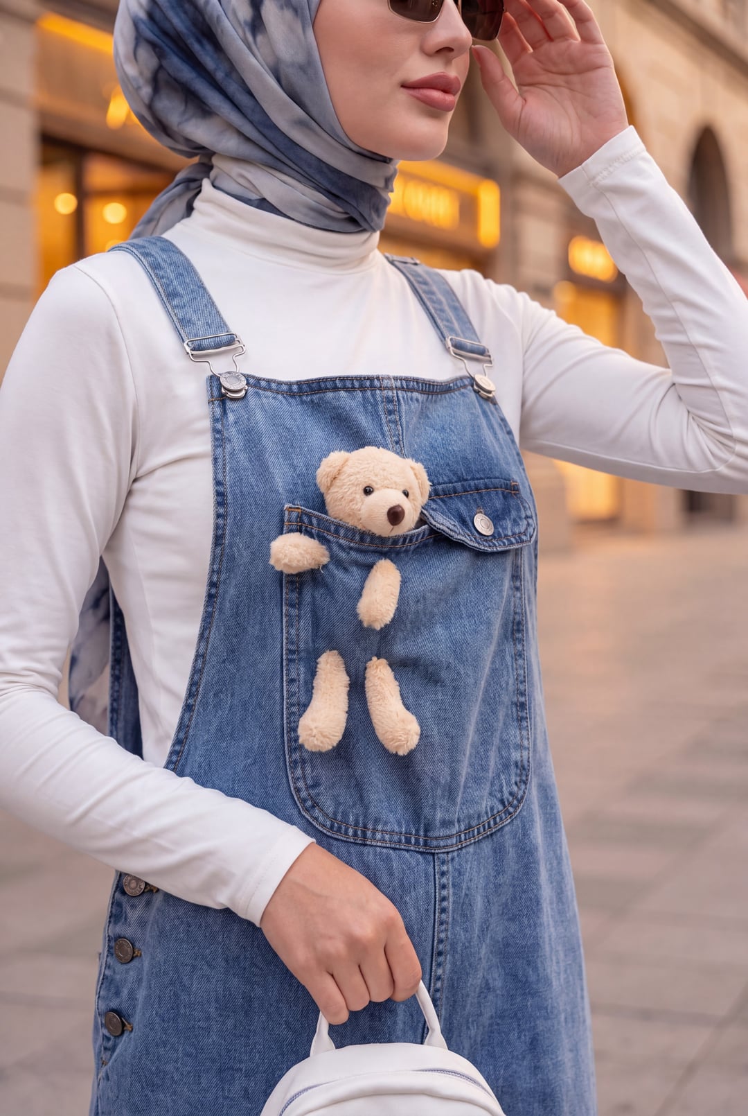 Teddy Bear Detail Adjustable Strap Denim Overalls - Ice Blue - Podyumplus - by Peralane - photo 5