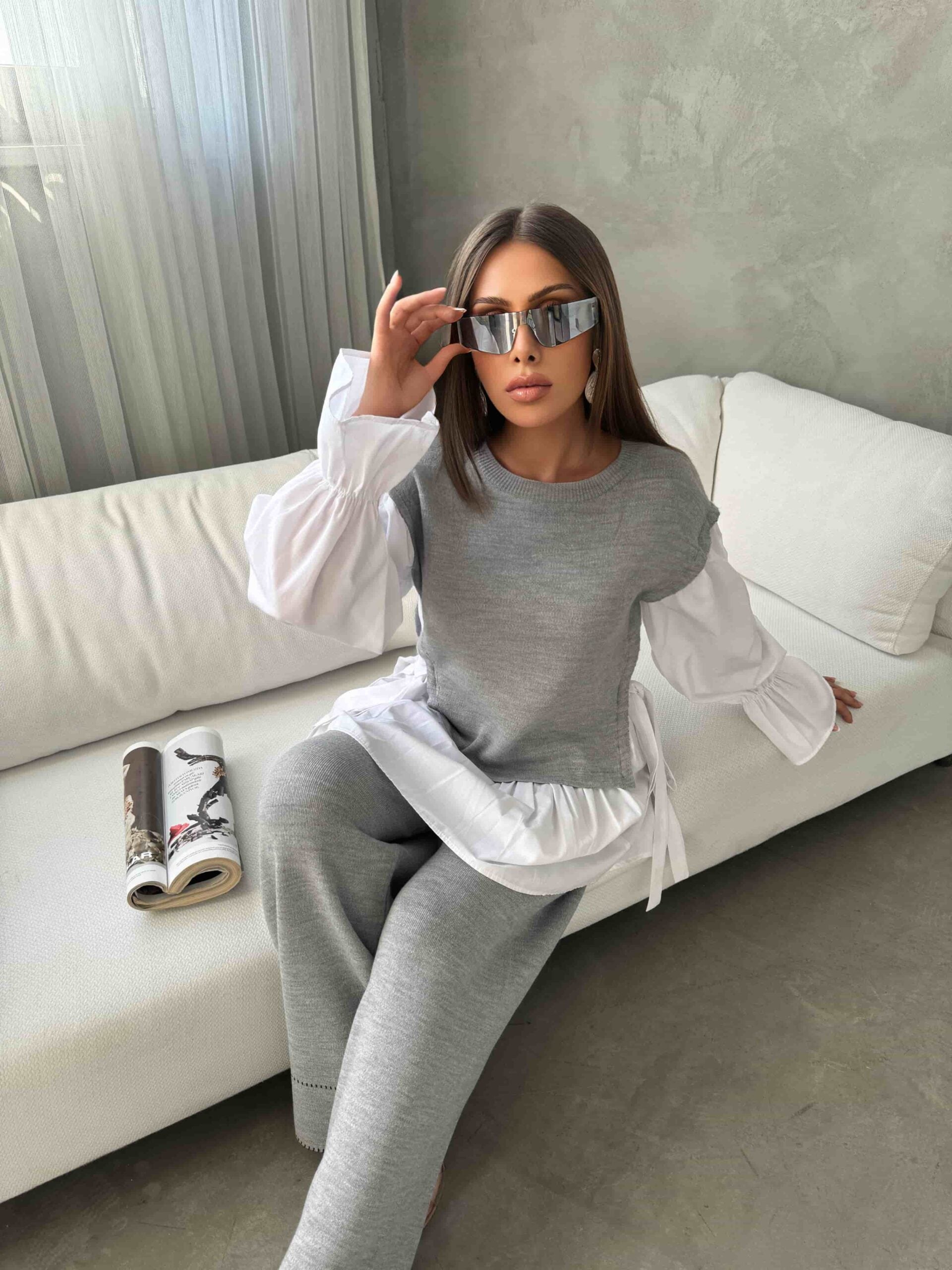 Grey Knit Two-Piece Set with Shirt Layer and Wide-Leg Trousers - My Bee - by Peralane - photo 3