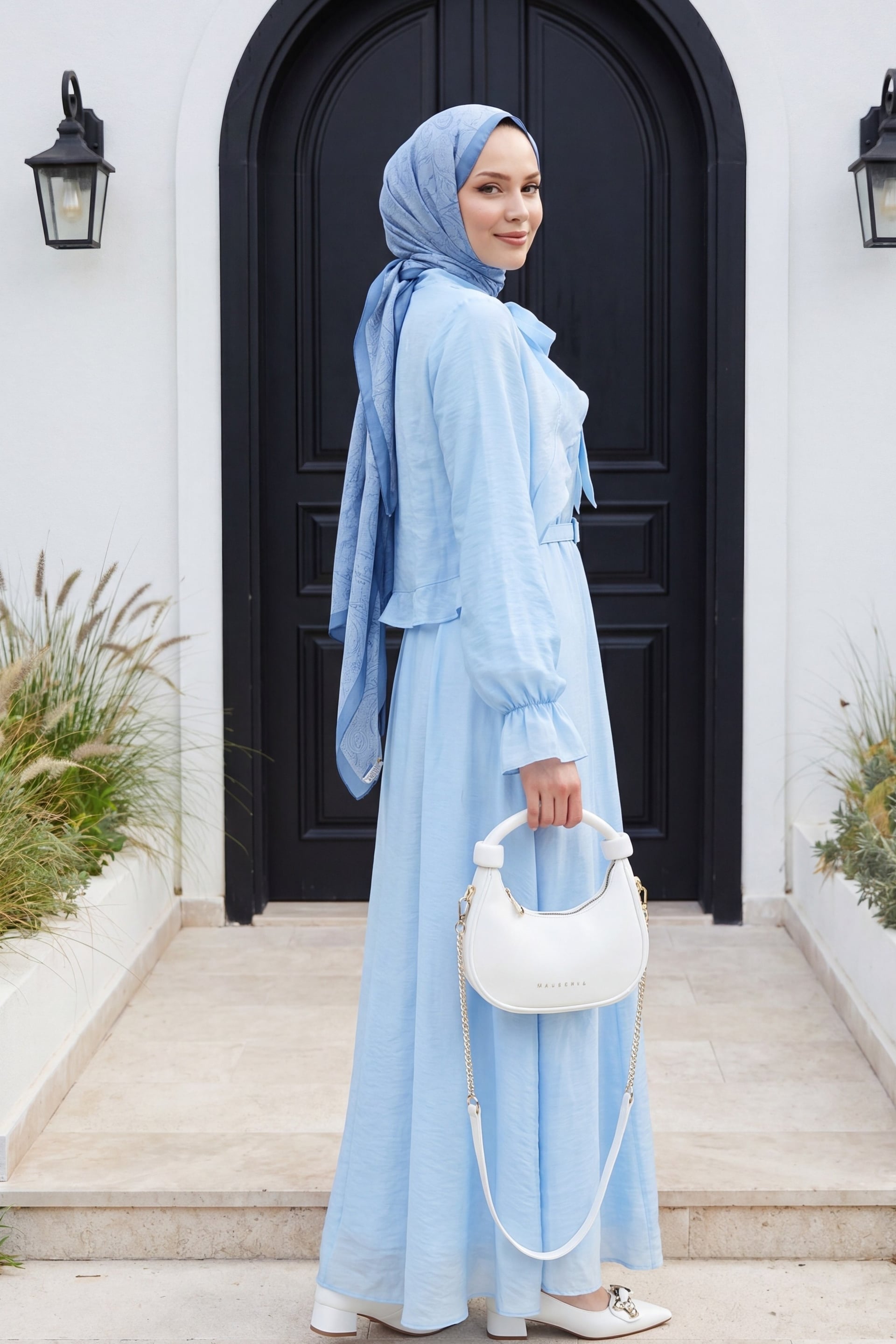 Women's Light Blue Tie-Neck Maxi Dress with Removable Bolero and Belt - Podyumplus - by Peralane - photo 2