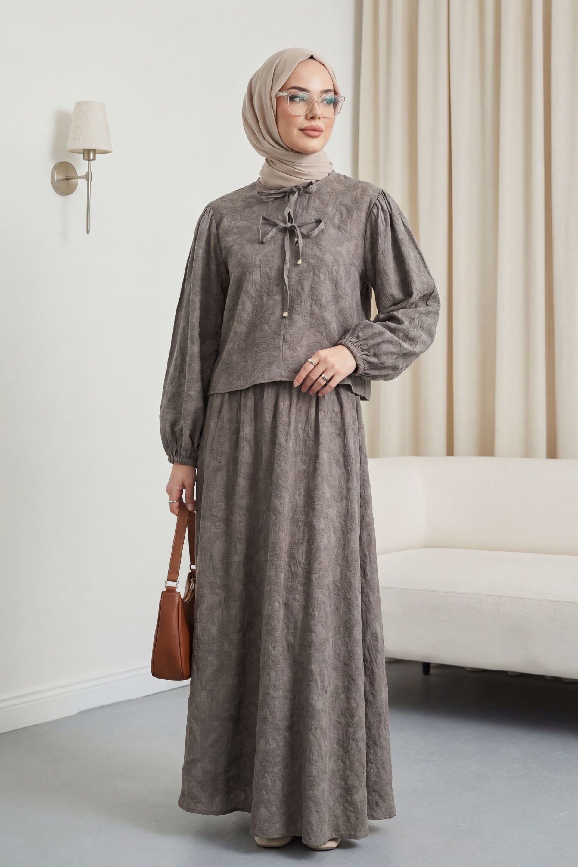 Women's Modest Two-Piece Set with Blouse and Skirt in Earth Tone - Podyumplus - by Peralane