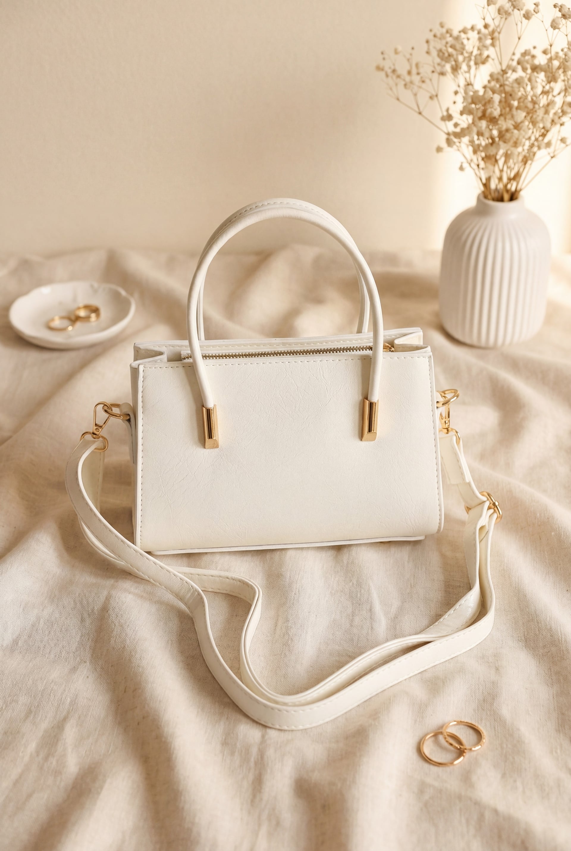 White Faux Leather Handbag with Top Handles and Long Shoulder Strap - Podyumplus - by Peralane
